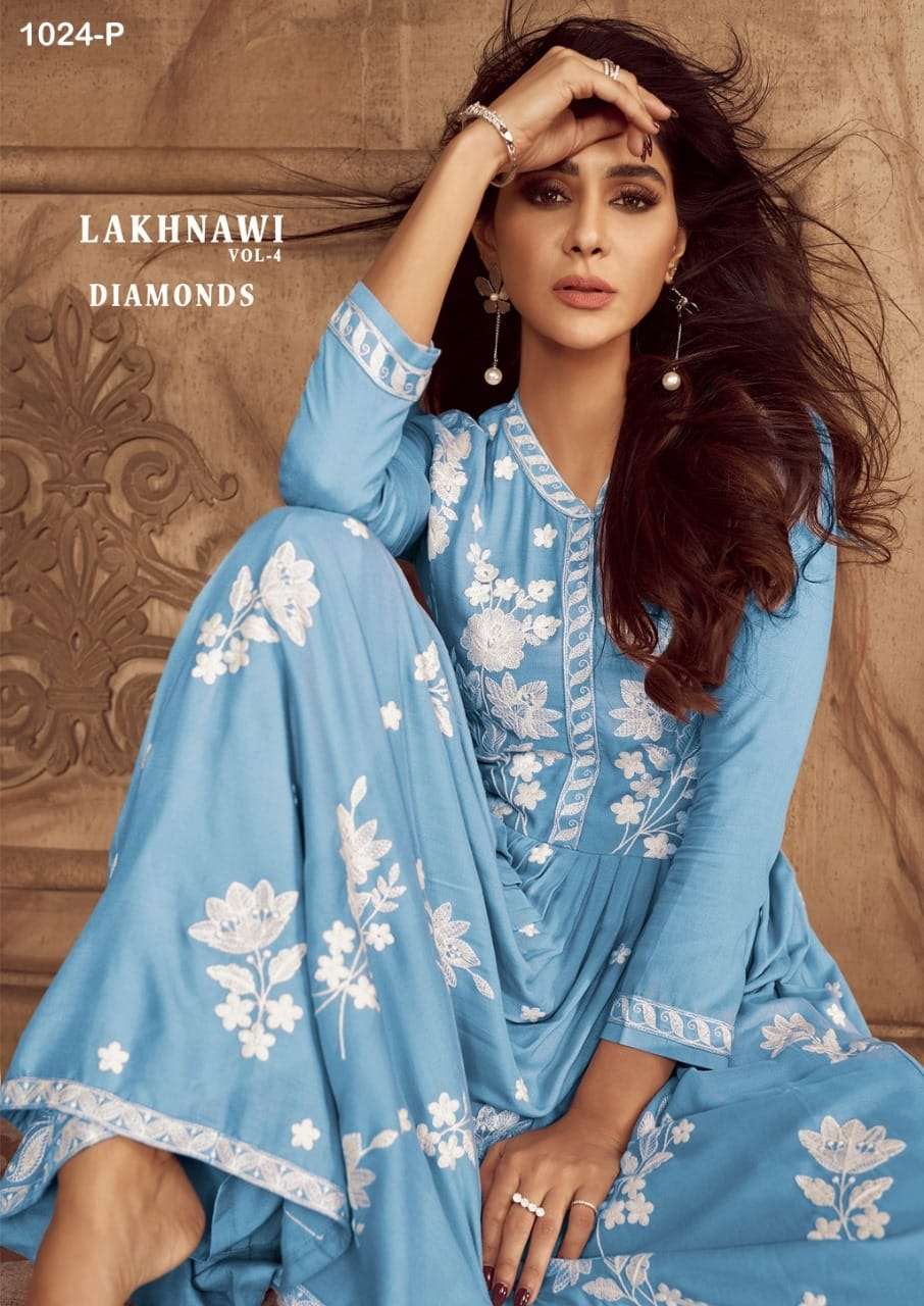 LAKHNAVI VOL 4 DIAMONDS HEAVY REYON LAKHNAWI WORK KURTI WITH PLAZZO AND DUPATTA BY S3FOREVER BRAND W...