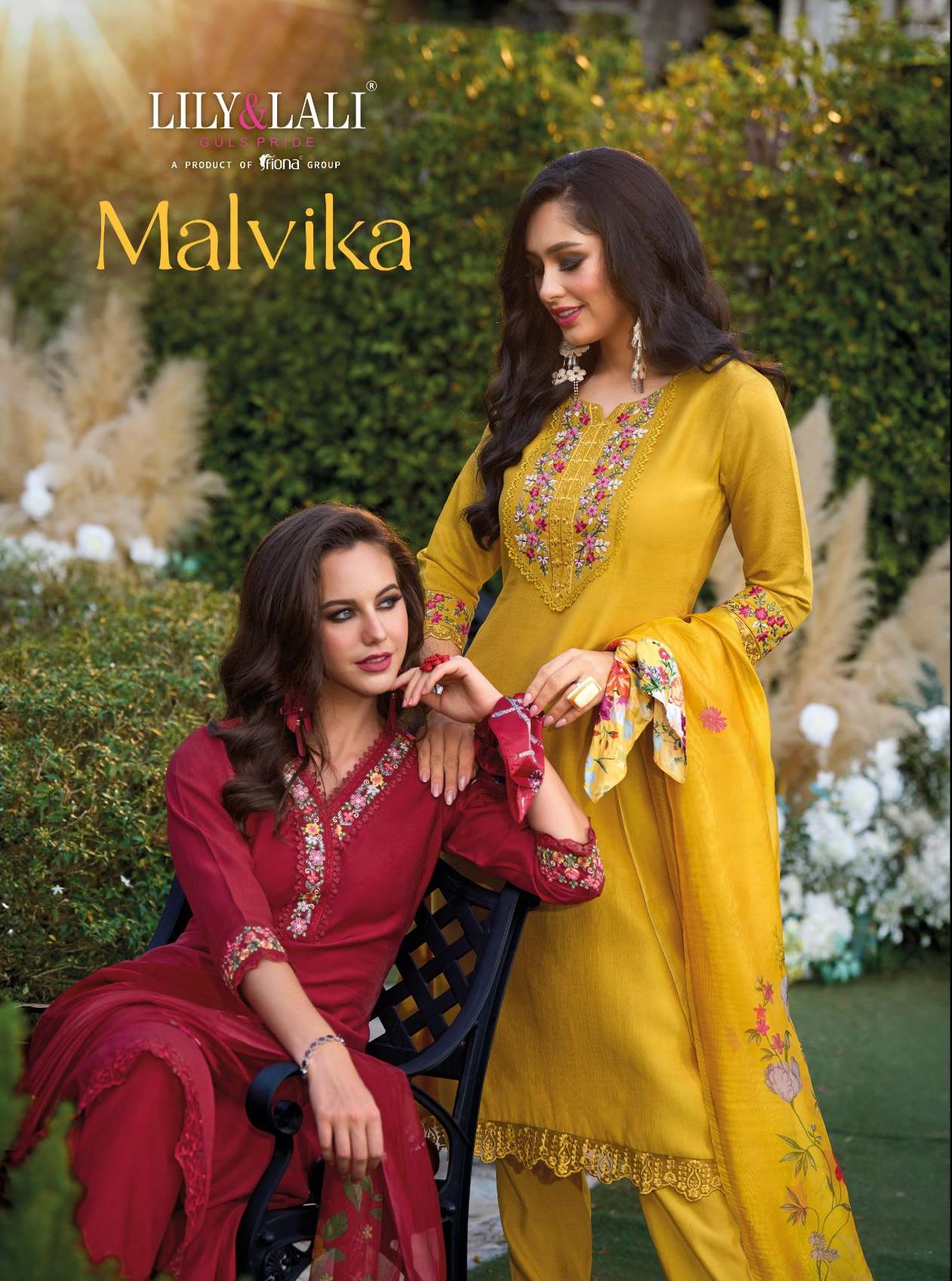 MALVIKA VISCOSE EMBROIDERY AND HANDWORK KURTI WITH PANT AND ORGANZA PRINT DUPATTA BY LILY AND LALI B...