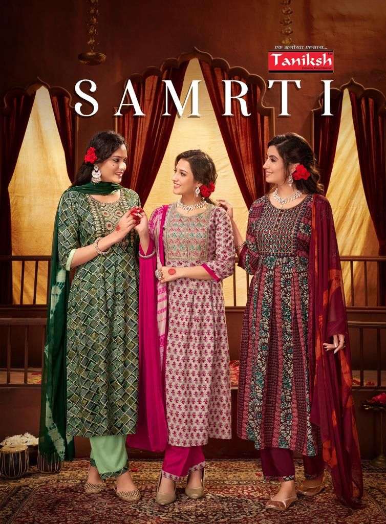 SAMRTI RAYON HANDWORK KURTI WITH PANT AND CHIFFON SABURI DUPATTA BY TANIKSH BRAND WHOLESALER AND DEA...