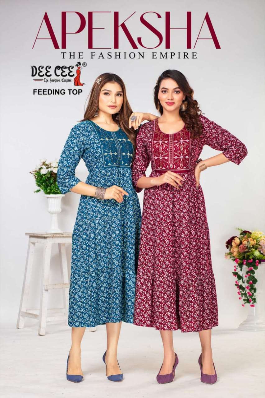 APEKSHA HEAVY RAYON FLORAL PRINT SEQUENCE WORK TIER PATTERN FEEDING KURTI  BY DEECEE BRAND WHOLESALE...