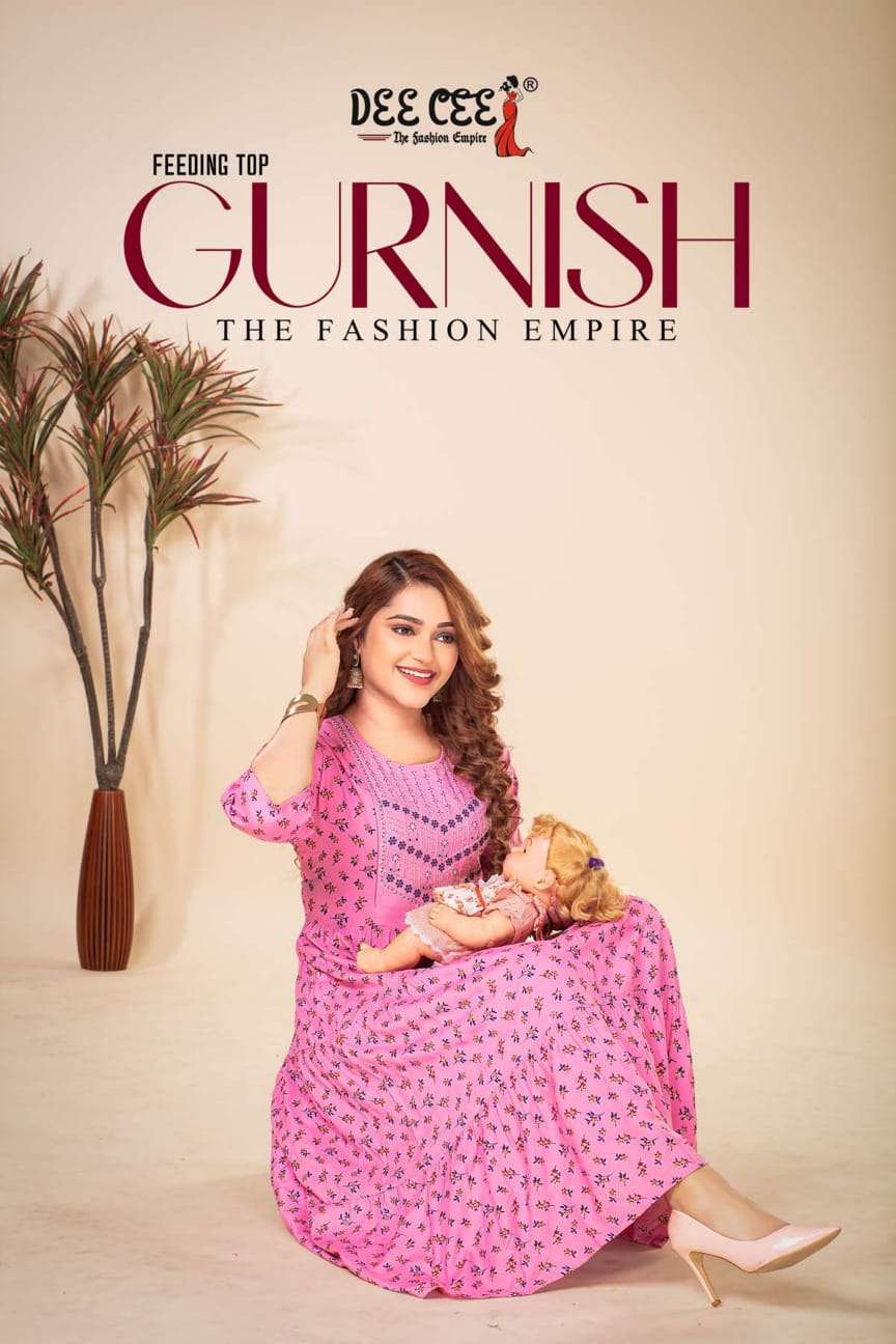 GURNISH HEAVY RAYON FLORAL PRINT SEQUENCE WORK TIER PATTERN FEEDING KURTI BY DEECEE BRAND WHOLESALER...