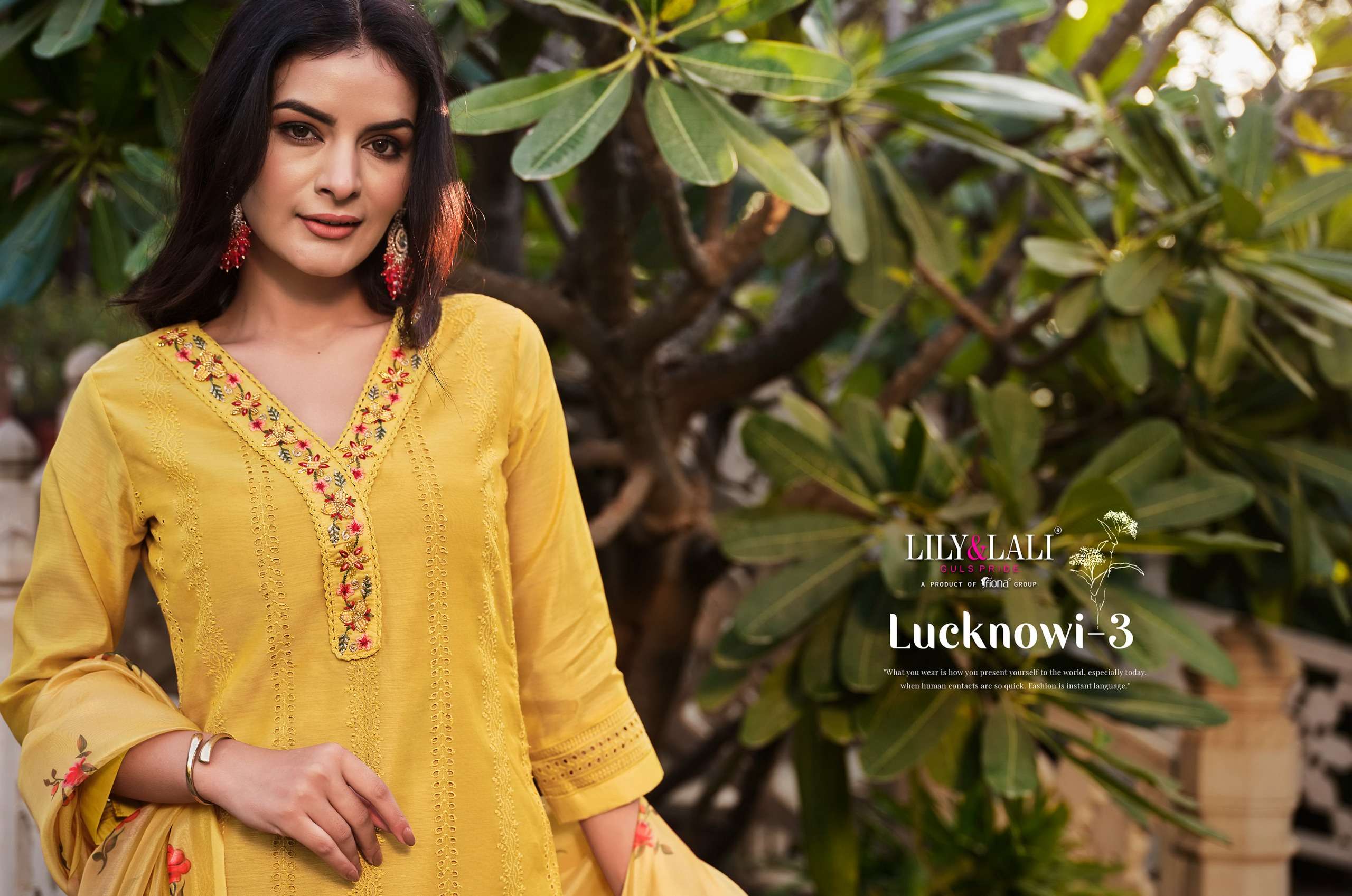 LUCKNOWI VOL 3 CHANDERI SCHIFFLI AND HANDWORK KURTI WITH VISCOSE PANT AND ORGANZA DUPATTA BY LILY AN...