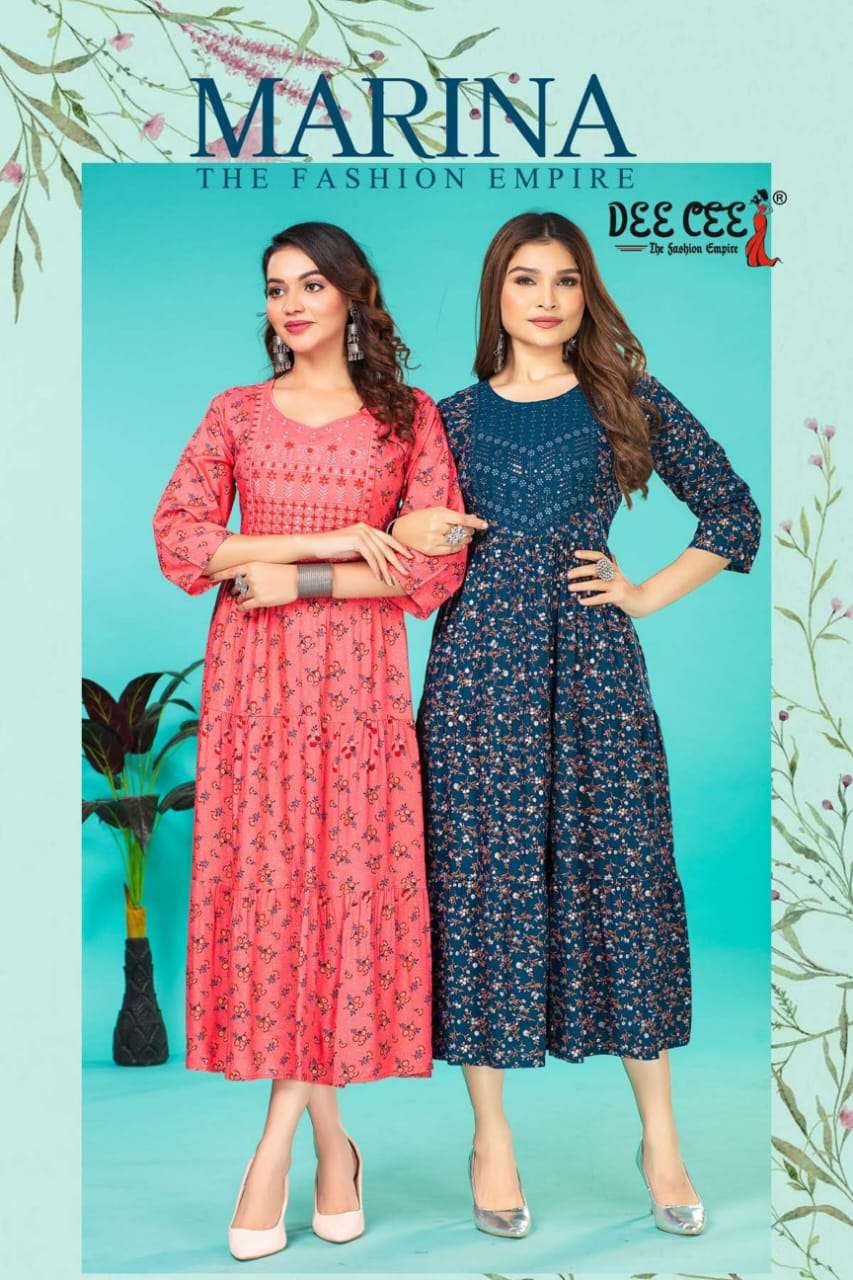 MARINA HEAVY RAYON SEQUENCE WORK NECK STYLISH TIER PATTER KURTI BY DEECEE BRAND WHOLESALER AND DEALE...