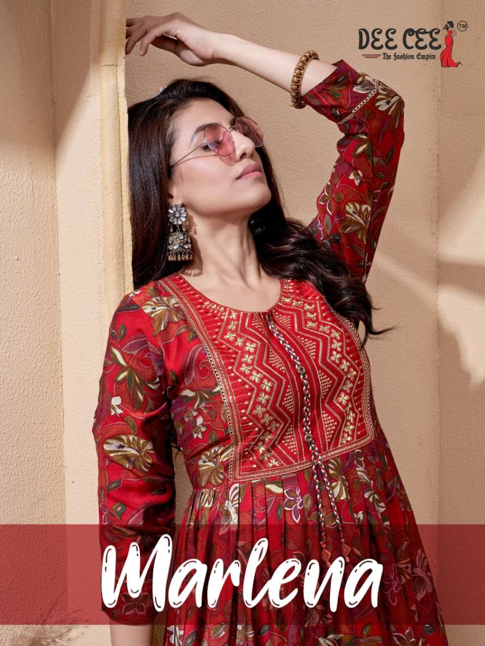 MARLENA CHANDERI PRINT COMPUTER SEQUENCE EMBROIDERY WORK FLARED LONG KURTI BY DEECEE BRAND WHOLESALE...