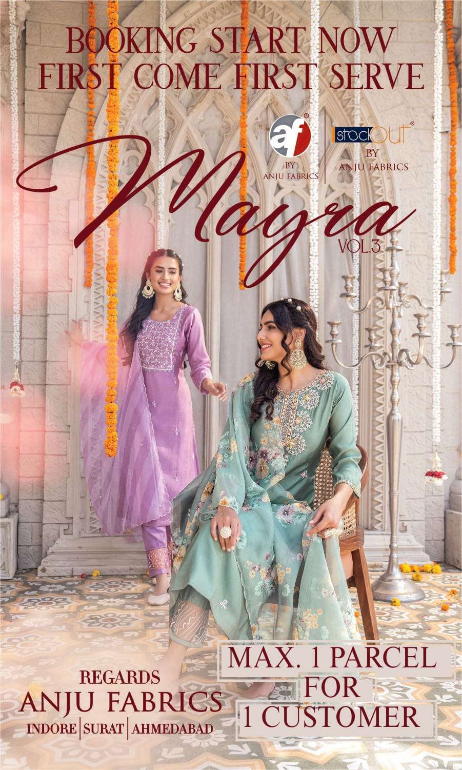 MAYRA VOL 3 VISCOSE MODAL HAND WORK KURTI WITH JAAM SILK PANT AND ORGANZA DUPATTA BY AF BRAND WHOLES...