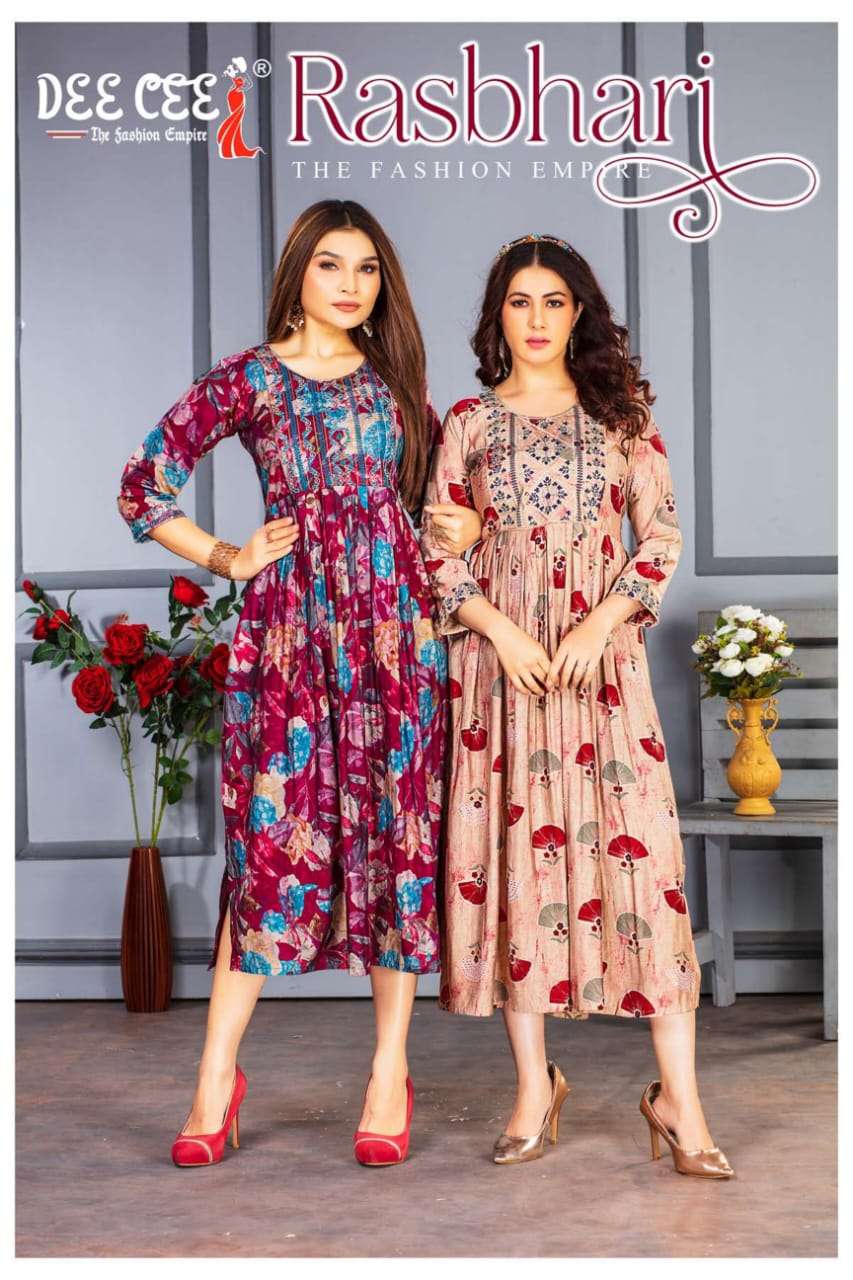 RASBHARI MODAL CHANDERI FLARED LONG NAIRA KURTI WITH COMPUTER EMBROIDERY  WORK BY DEECEE BRAND WHOLE...