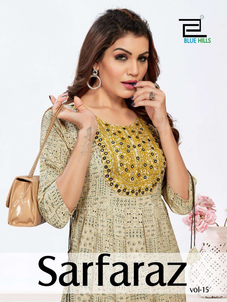 SARFARAZ VOL 15 RAYON PRINT NECK EMBROIDERY WORK GOWN STYLE LONG KURTI BY BLUE HILLS BRAND WHOLESALE...