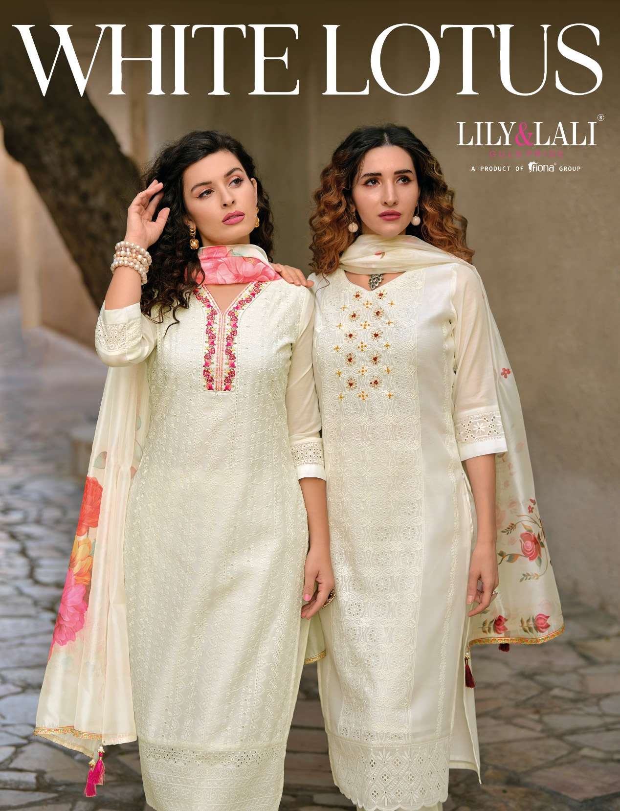 WHITE LOTUS CHANDERI SILK SCHIFFLI AND HANDWORK KURTI WITH VISCOUSE PANT AND ORGANZA DUPATTA  BY LIL...