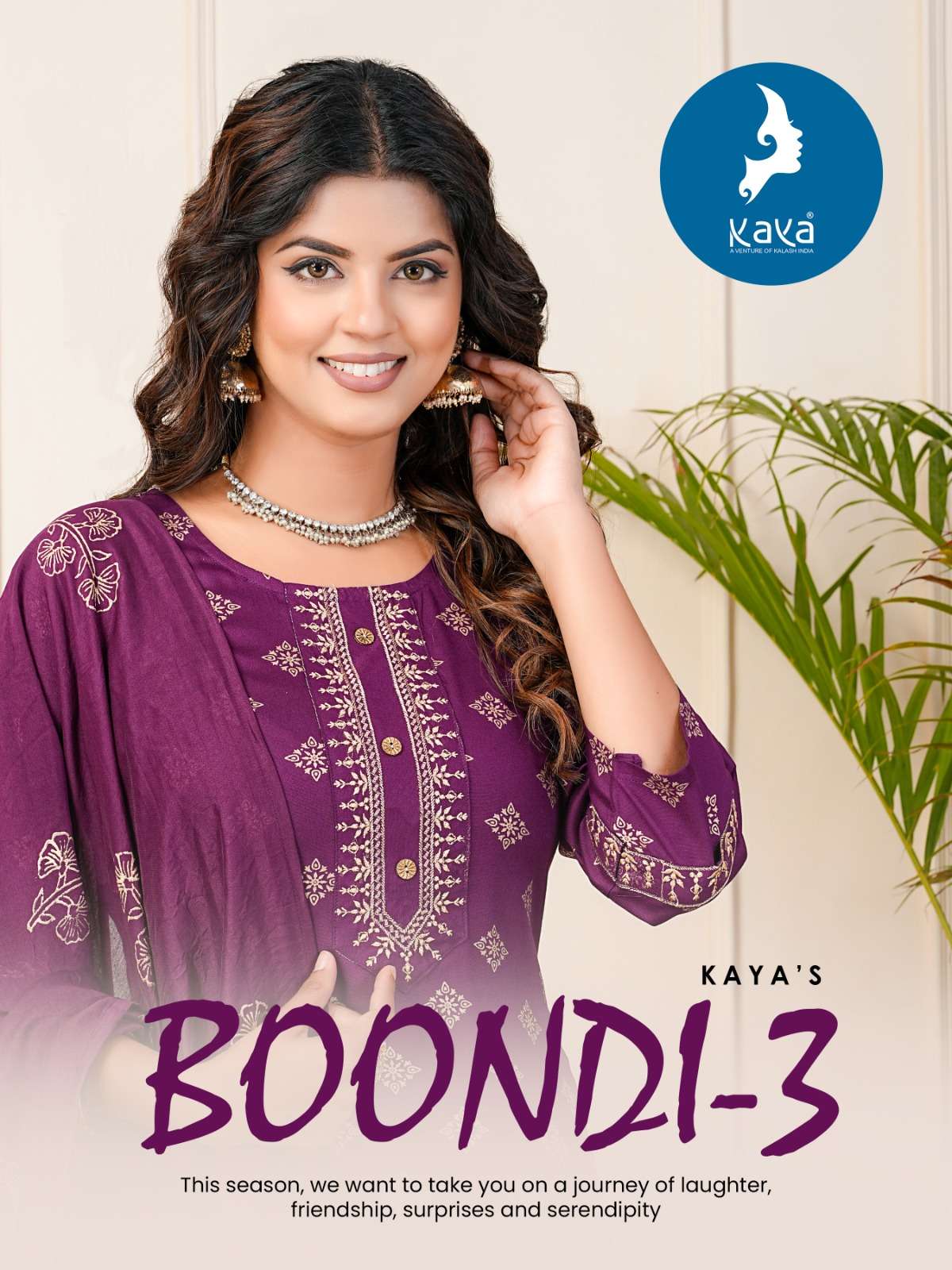 BOONDI VOL 3 REYON PRINT KURTI WITH PANT AND CHANDRI BLOK PRINT DUPATTA BY KAYA KURTI BRAND WHOLESAL...