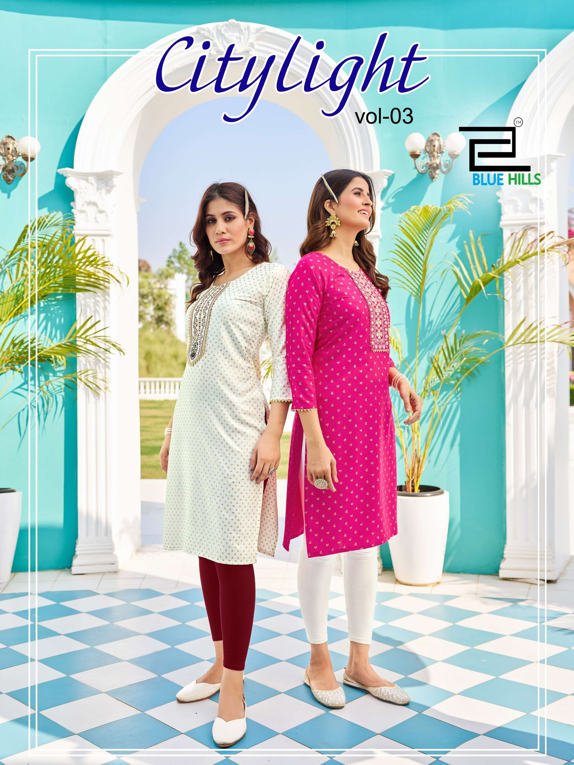 CITYLIGHT VOL 5 RAYON 14KG FOIL PRINT ZARI SEQUENCE AND THREAD EMBROIDERY WORK KURTI BY BLUE HILLS B...