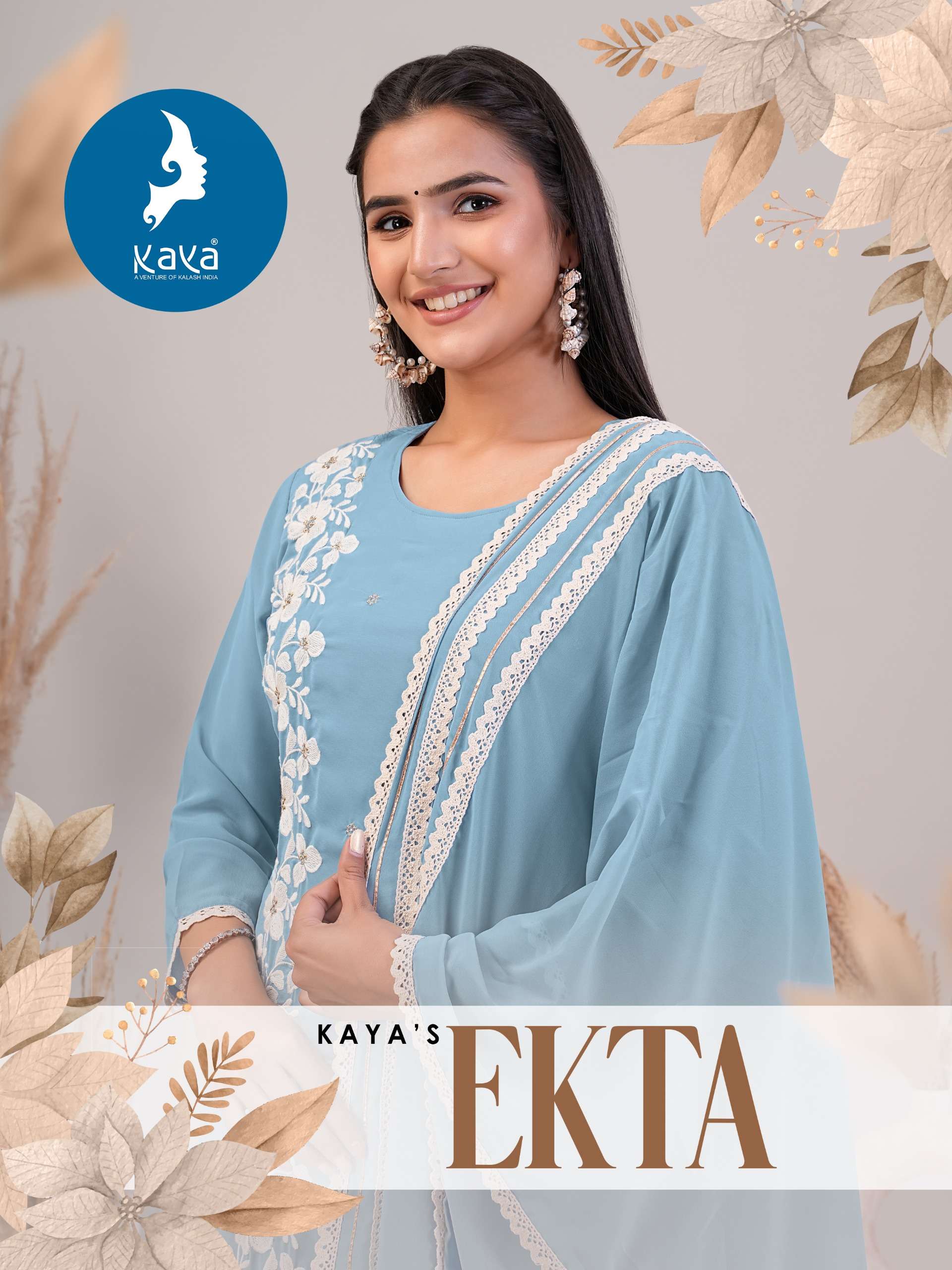 EKTA GEORGETTE WHITE EMBROIDERY WORK KURTI WITH PANT AND DUPATTA BY KAYA KURTI BRAND WHOLESALER AND ...