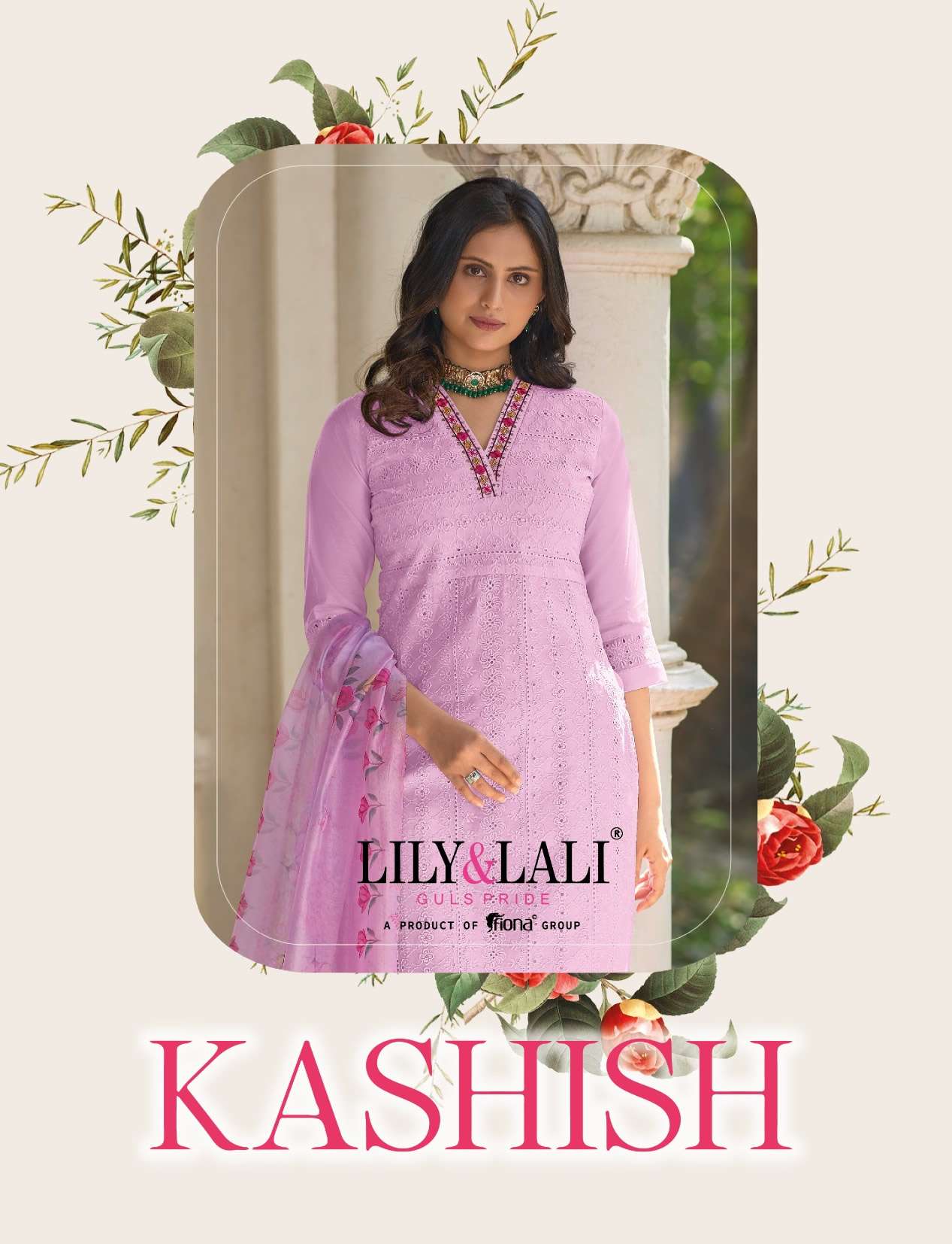 KASHISH CHANDERI SILK SCHIFFLI AND HANDWORK KURTI WITH VISCOUSE PANT AND ORGANZA PRINT DUPATTA BY LI...