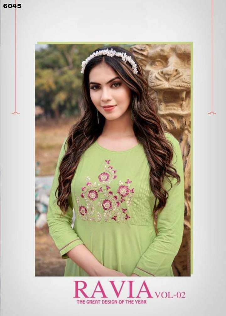 RAVIA VOL 2 14KG HEAVY RAYON EMBROIDERY WORK LONG KURTI BY S3FOREVER BRAND WHOLESALER AND DEALER