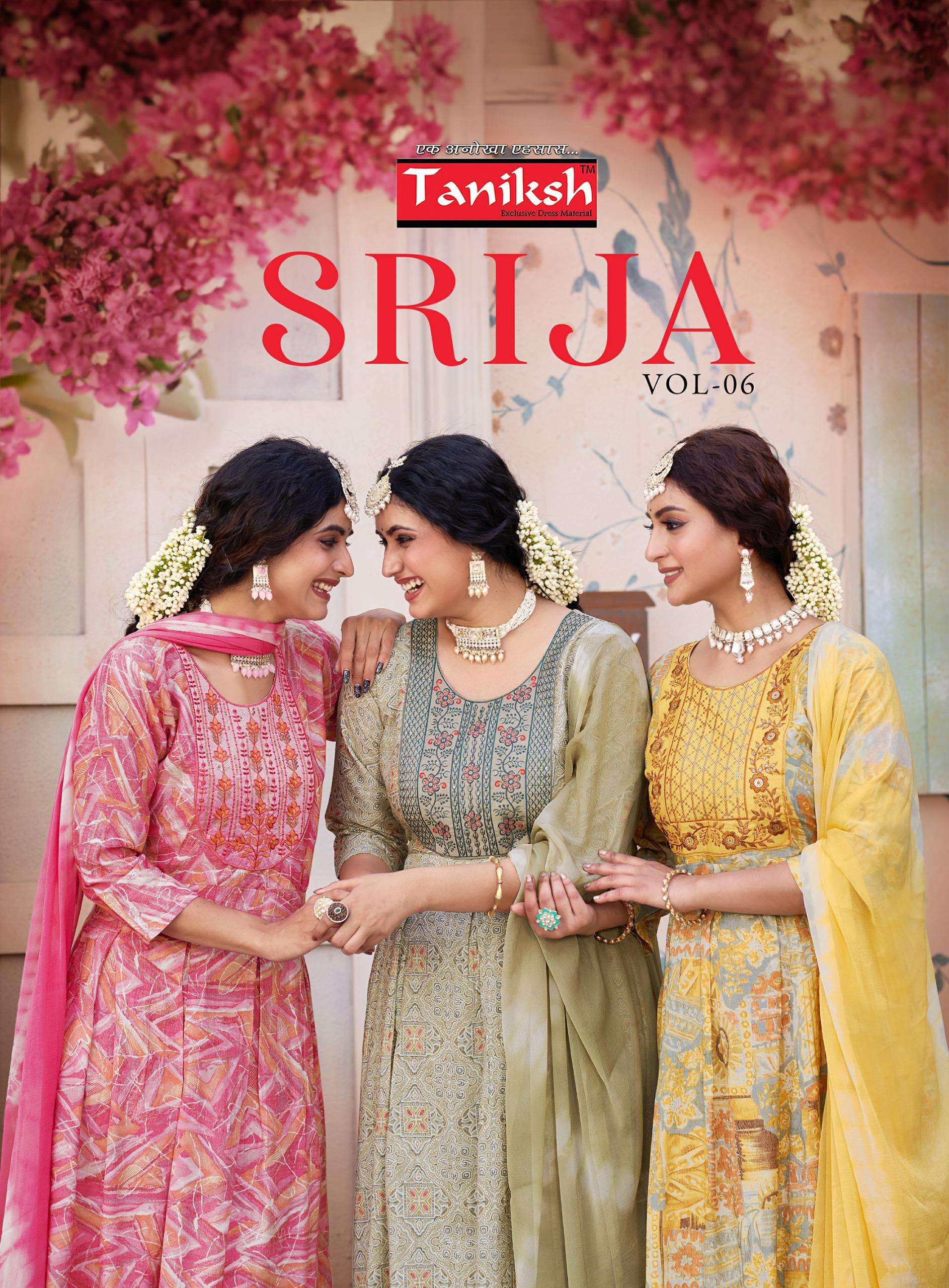 SRIJA VOL 6 RAYON PRINT EMBROIDERY WORK ANARKALI STYLE KURTI WITH PANT AND CHIFFON DUPATTA BY TANIKS...