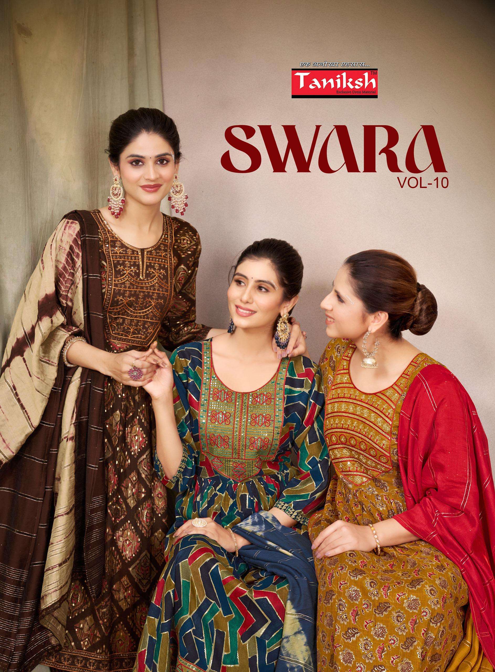 SWARA VOL 10 CAPSULE RYON PRINT EMBROIDERY WORK KURTI WITH PANT AND CHANDHERI DUPATTA BY TANIKSH BRA...