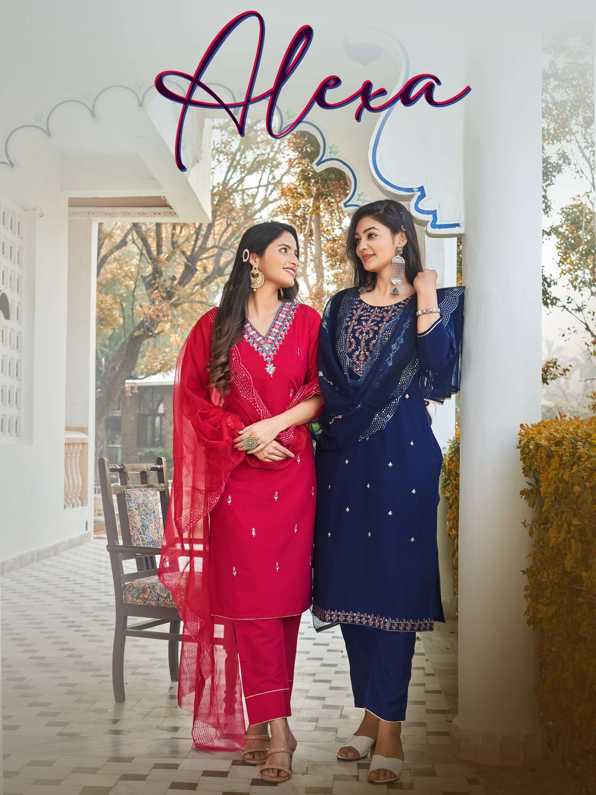 ALEXA ROMAN SILK HANDWORK KURTI WITH PANT AND ORGENZA DUPATTA BY HINAYA BRAND WHOLESALER AND DEALER