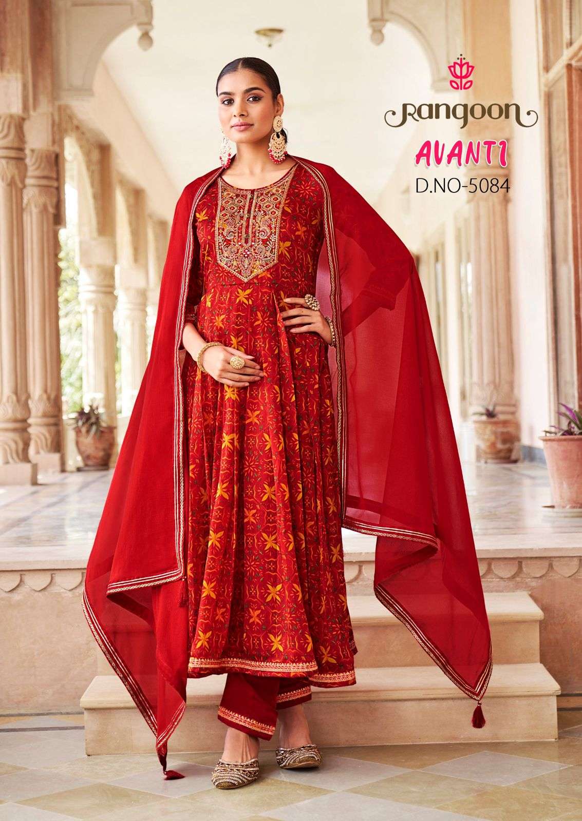 AVANTI SILK PRINT FANCY EMBROIDERY AND KHATLI HAND MIRROR WORK KURTI WITH PANT AND DUPATTA BY RANGOO...