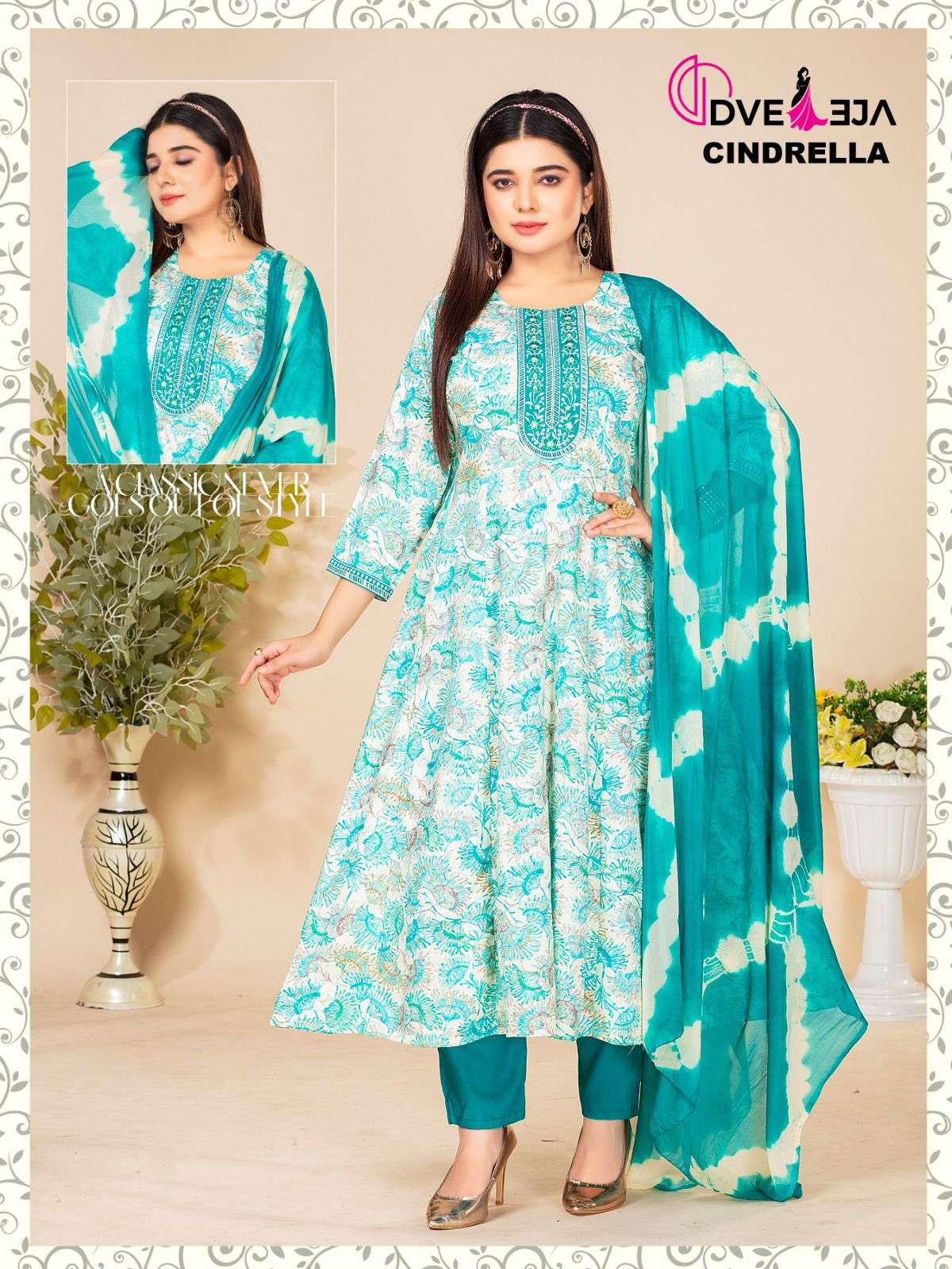 CINDRELLA REYON FOIL PRINTS KURTI WITH PANT AND DUPATTA BY DVEEJA BRAND WHOLESALER AND DEALER