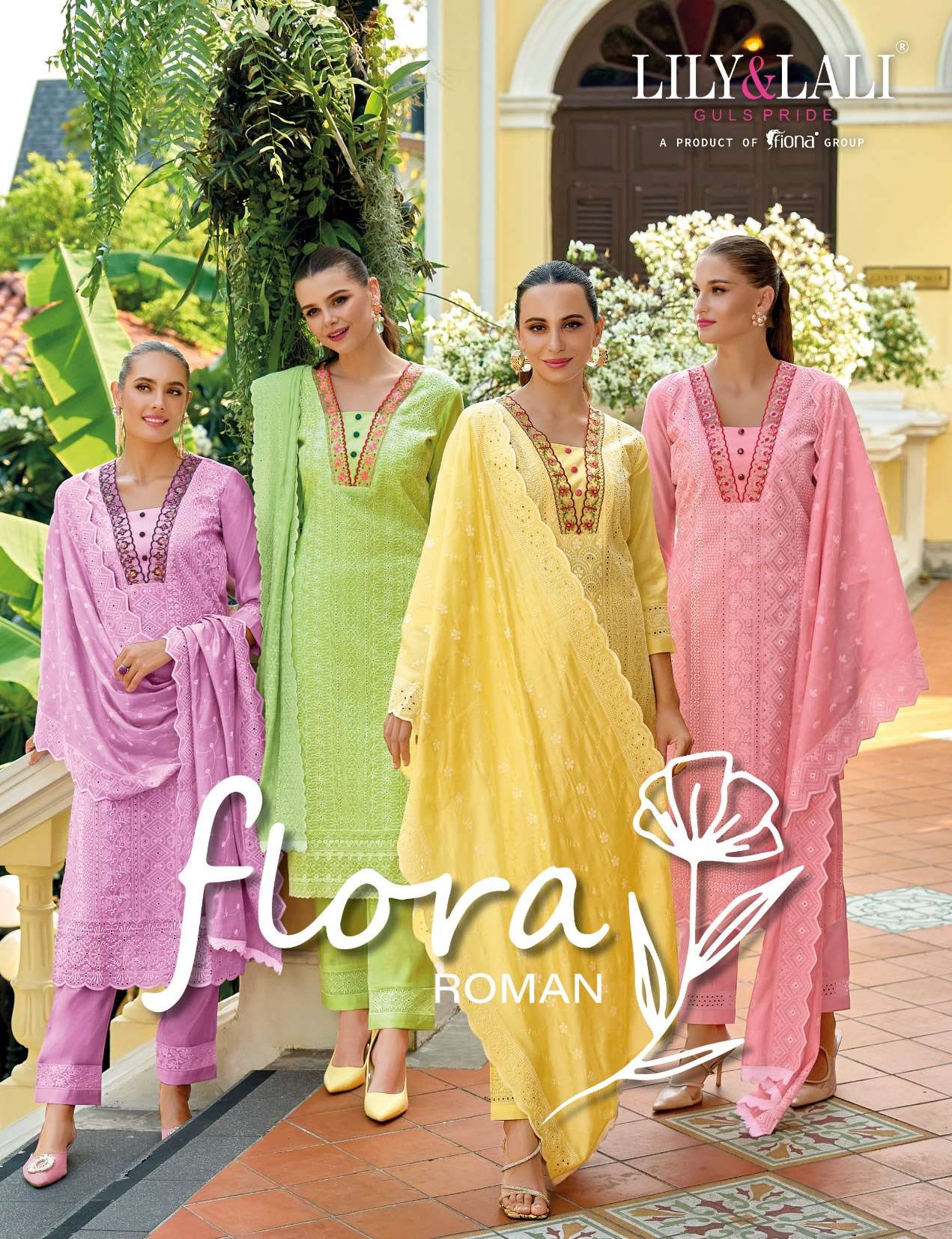 FLORA ROMAN ROMAN SILK SCHIFFLI AND EMBROIDERY WORK KURTI WITH VISCOSE PANTAND DUPATTA BY LILY AND L...