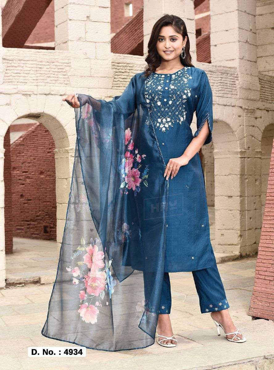 SANSKRITI VOL 43 NYLON VISCOSE EMBROIDERY AND HANDWORK KURTI WITH PANT AND CHANDERI DUPATTA BY HRU B...