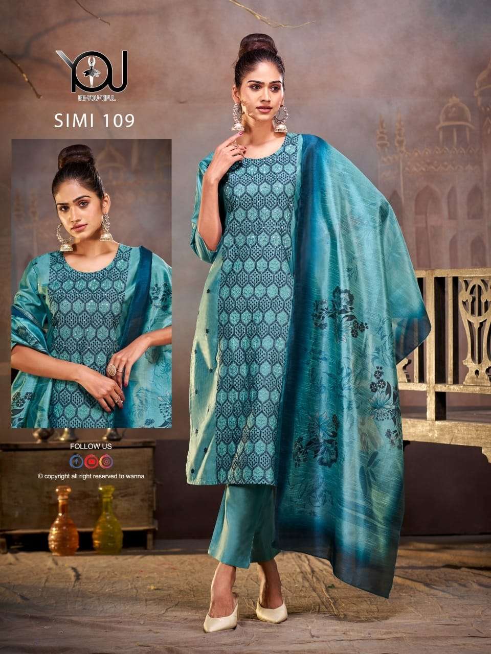 SIMI HEAVY CHANDERI EMBROIDERY WORK KURTI WITH PANT AND FANCY ORGANZA DUPATTA BY WANNA BRAND WHOLESA...