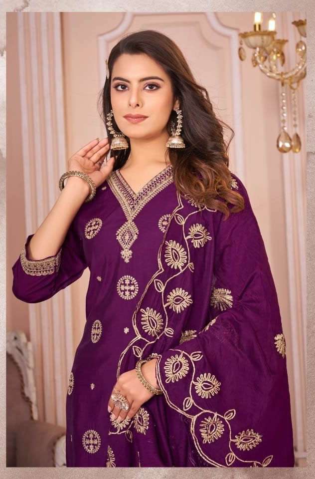 NARGIS ROMAN SILK FABRIC HEAVY EMBROIDERY WORK KURTI WITH PANT AND DUPATTA BY WANNA BRAND WHOLESALER...