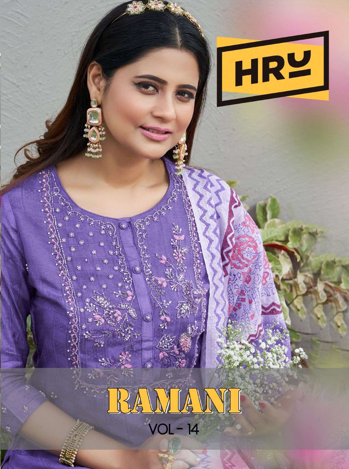 RAMANI VOL 14 HEAVY VISCOSE HANDEMBRIDERY WORK KURTI WITH PANT AND CHANDERI DUPATTA BY HRU INDIA BRA...