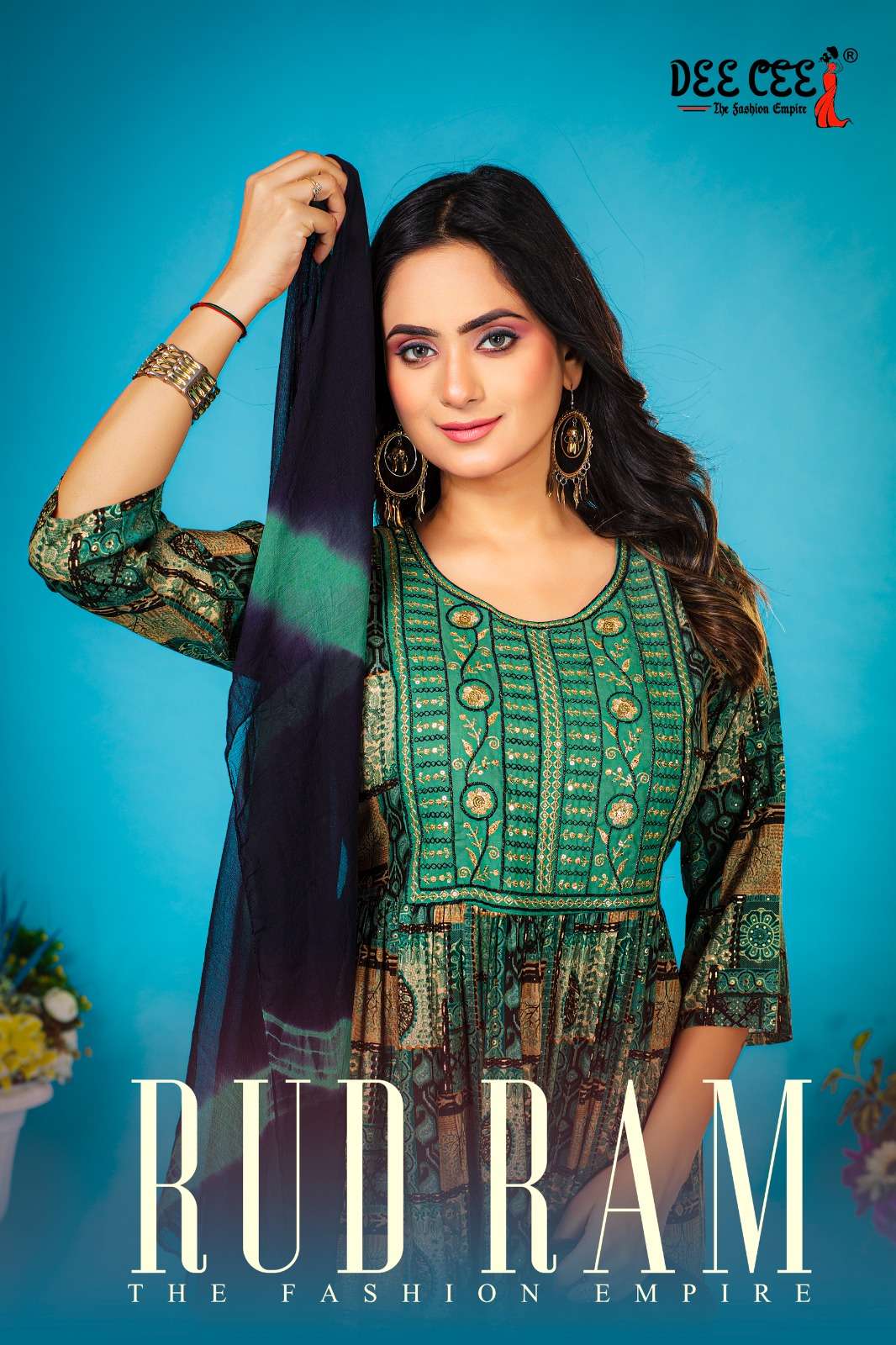 RUD RAM RAYON FOIL PRINT EMBROIDERY WORK KURTI WITH PANT AND NAZMIN SHIBORI DUPATTA DEECEE BRAND WHO...