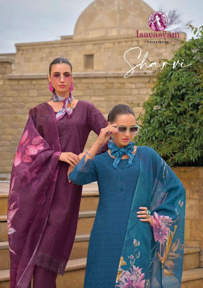 SHARVI CAMRIC COTTON CHIKAN HANDWORK KURTI WITH PANT AND DUPATTA BY ISAVASYAM BRAND WHOLESALER AND D...