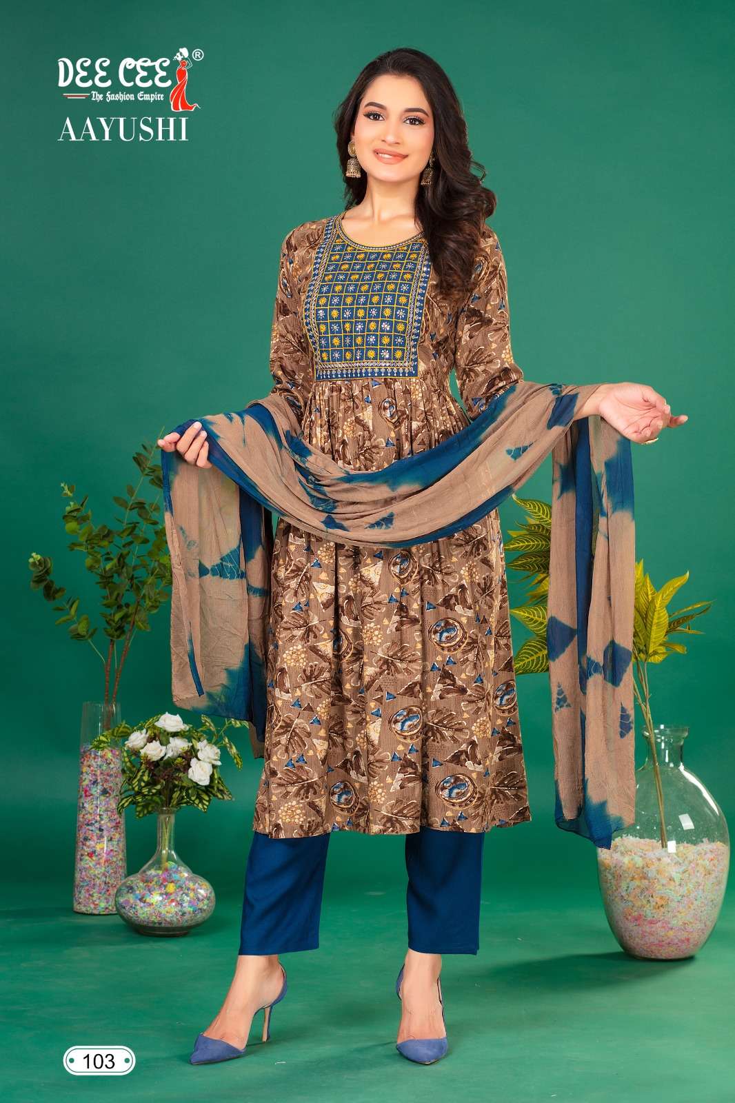 AAYUSHI RAYON FOIL PRINT EMBROIDERY AND SEQUENCE WORK KURTI WITH PANT AND NAZMIN DUPATTA BY DEECEE B...