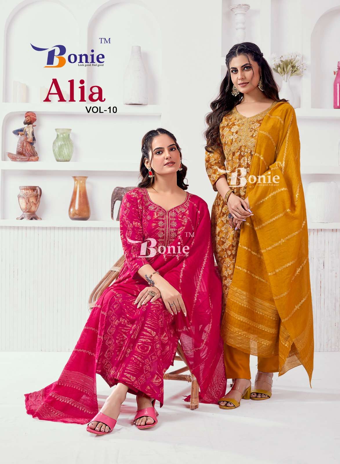 ALIA VOL 10 HEAVY RAYON PROSIUM PRINTS DORI SEQUENCE WORK KURTI WITH PANT AND DUPATTA BY BONIE BRAND...