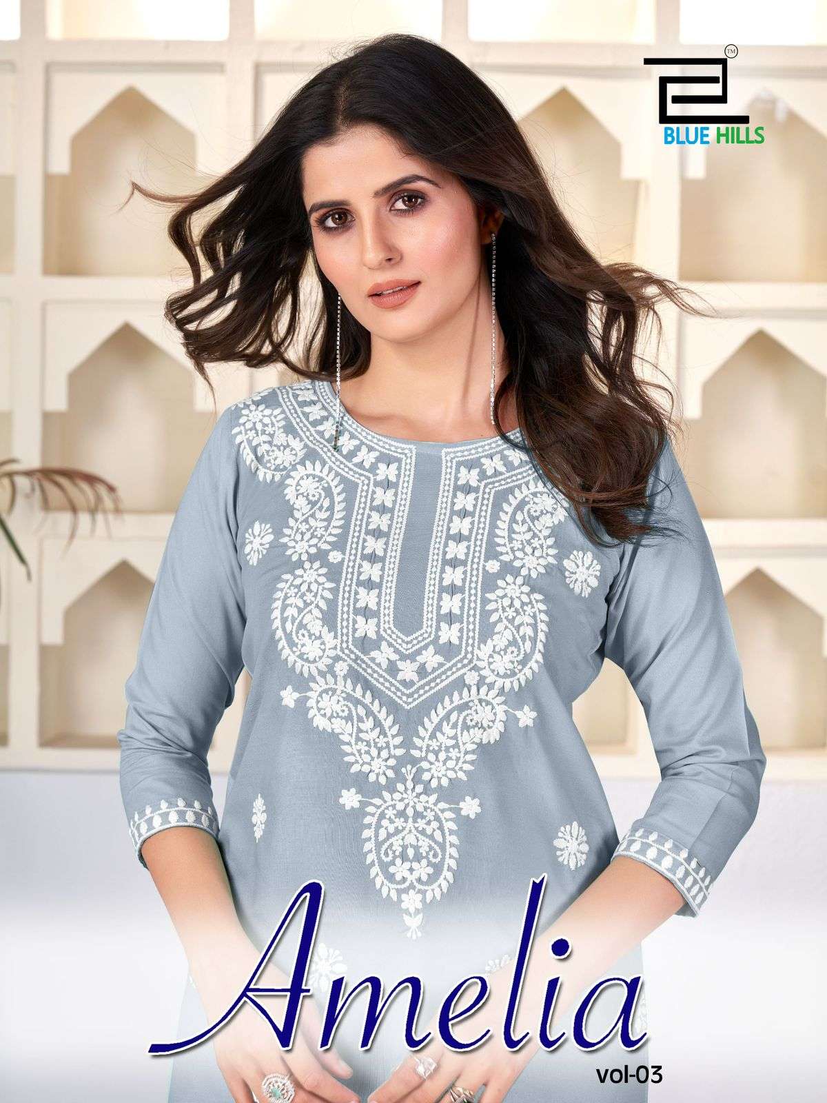 AMELIA VOL 3 14 KG RAYON LAKHNAWI WORK FANCY TUNIC BY BLUE HILLS BRAND WHOLESALER AND DEALER