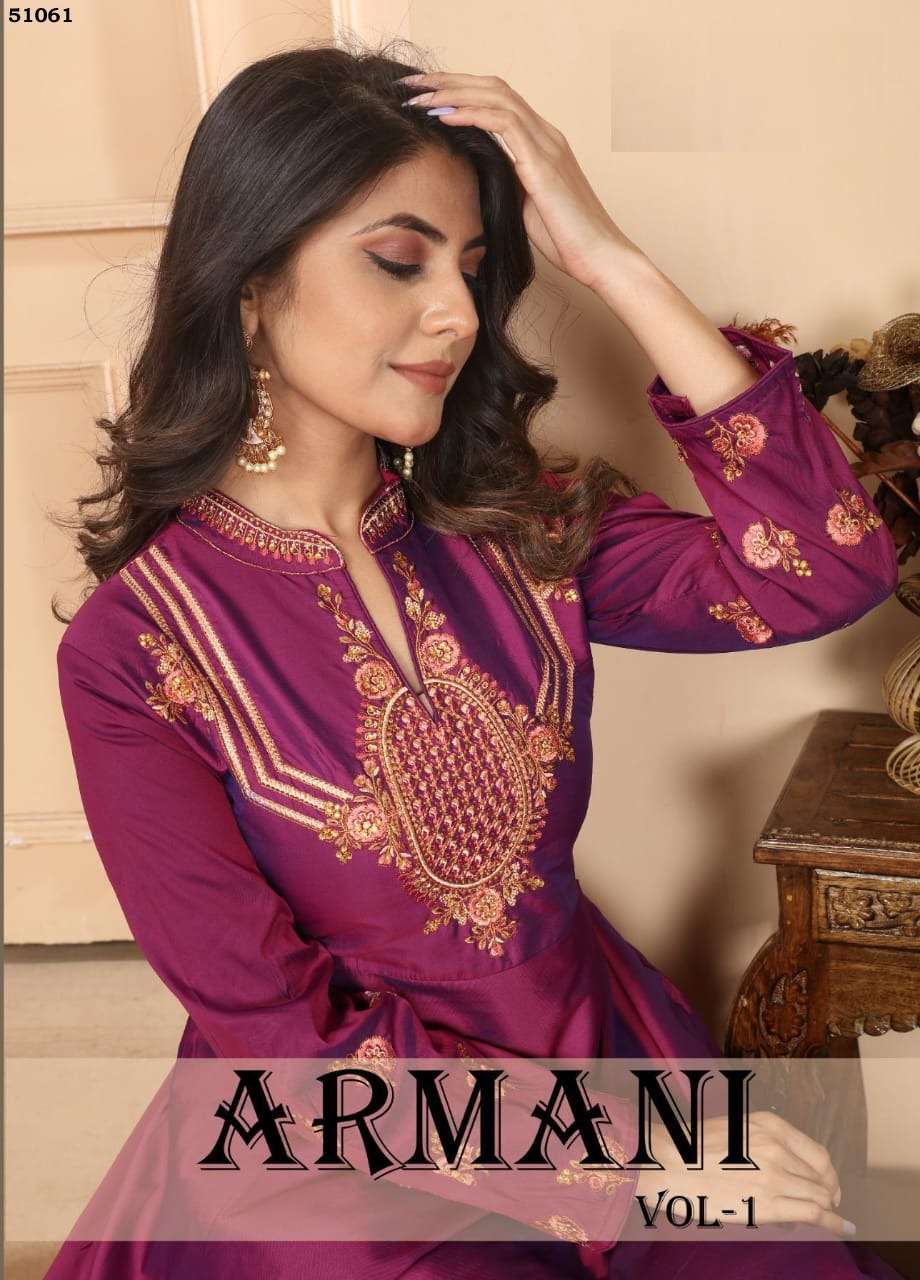 ARMANI TRIVA SILK EMBROIDERY WORK LONG GOWN KURTI BY S3FOREVER BRAND WHOLESALER AND DEALER