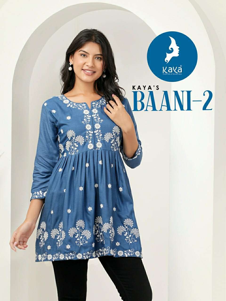 BAANI VOL 2 REYON FABRIC WHITE THREADWORK FANCY TUNIC BY KAYA KURTI BRAND WHOLESALER AND DEALER