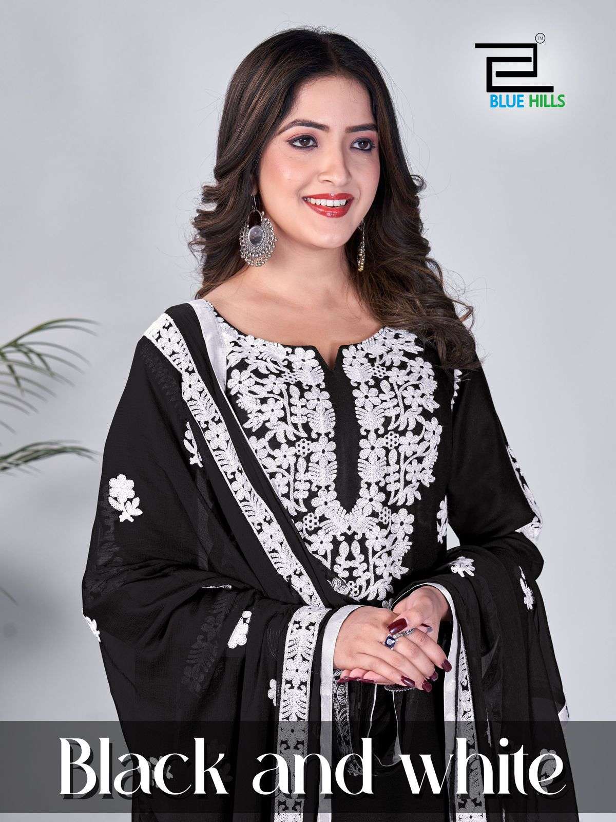 BLACK AND WHITE 14 KG RAYON THREADWORK KURTI WITH PANT AND NAZNIN DUPATTA BY BLUE HILLS BRAND WHOLES...