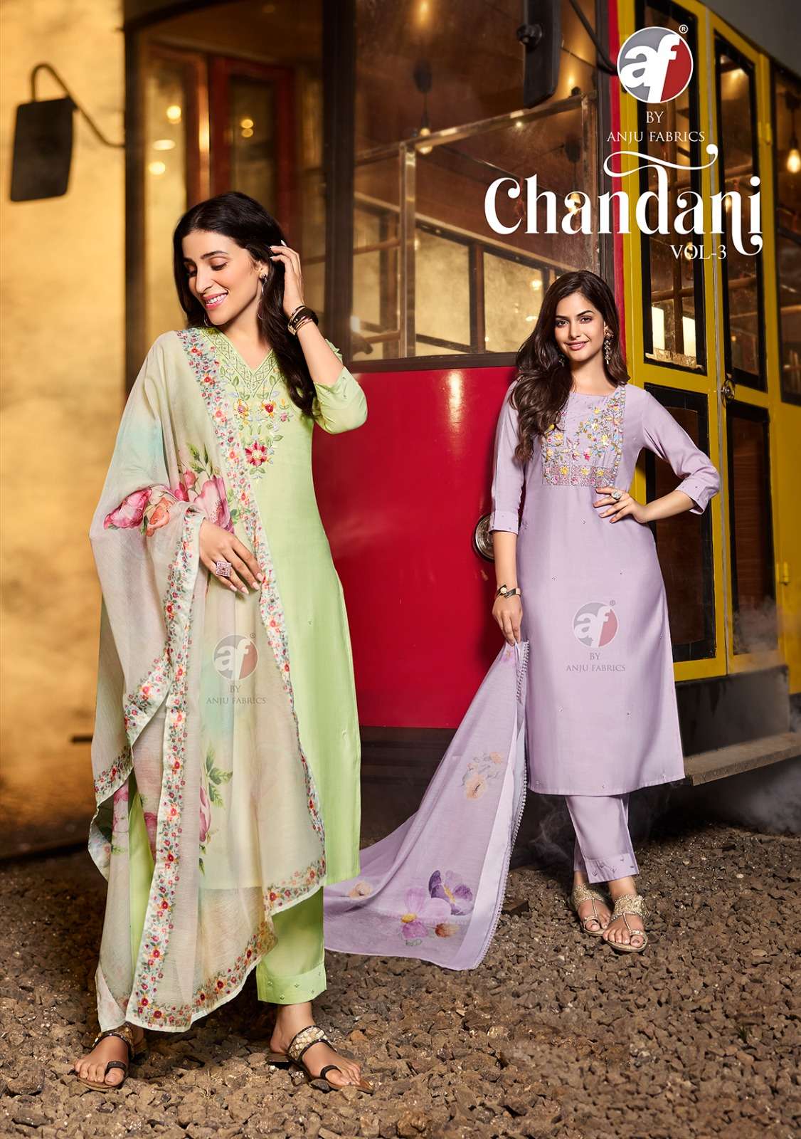 CHANDANI VOL 3 VISCOSE BY NAYLON HANDWORK KURTI WITH PANT AND COTTON SATIN DUPATTA BY AF BRAND WHOLE...