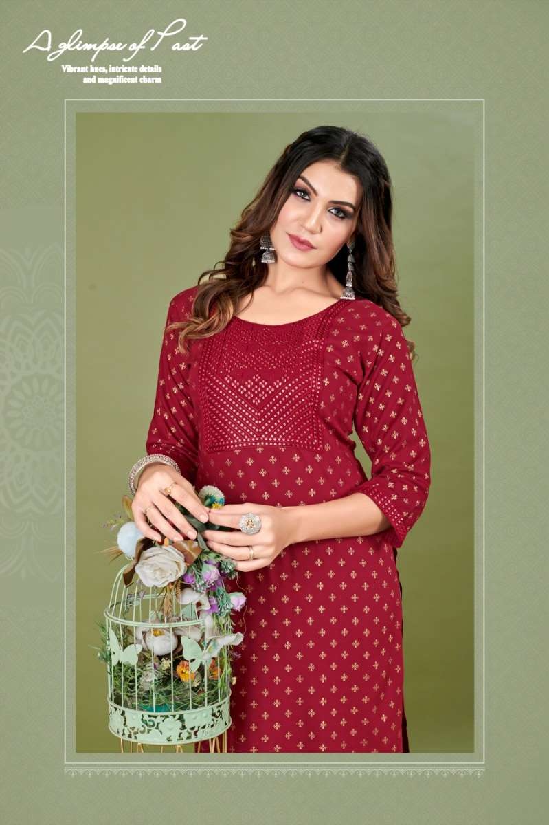 DHYANI PREMIUM RAYON FOIL LIVA CERTIFIED EMBROIDERY WORK KURTI BY FUSION FAB BRAND WHOLESALER AND DE...