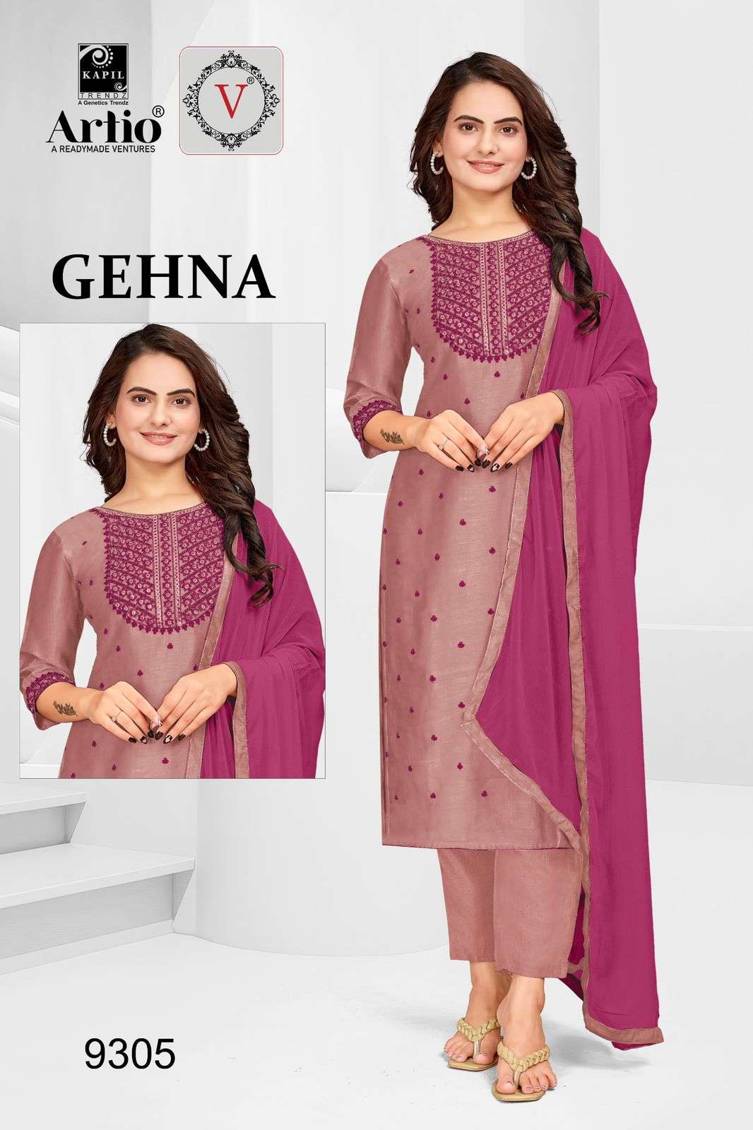 GEHNA VICHITRA SILK BUTTI WORK KURTI WITH PANT AND NAZMIN DUPATTA BY VEDA BRAND WHOLESALER AMD DEALE...