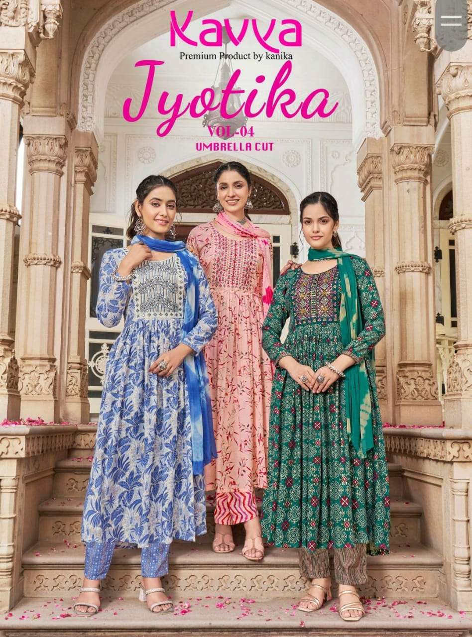 JYOTIKA VOL 4 CAPSULE FOIL PRINT EMBROIDERY WORK KURTI WITH PANT AND DUPATTA BY KAVYA BRAND WHOLESAL...