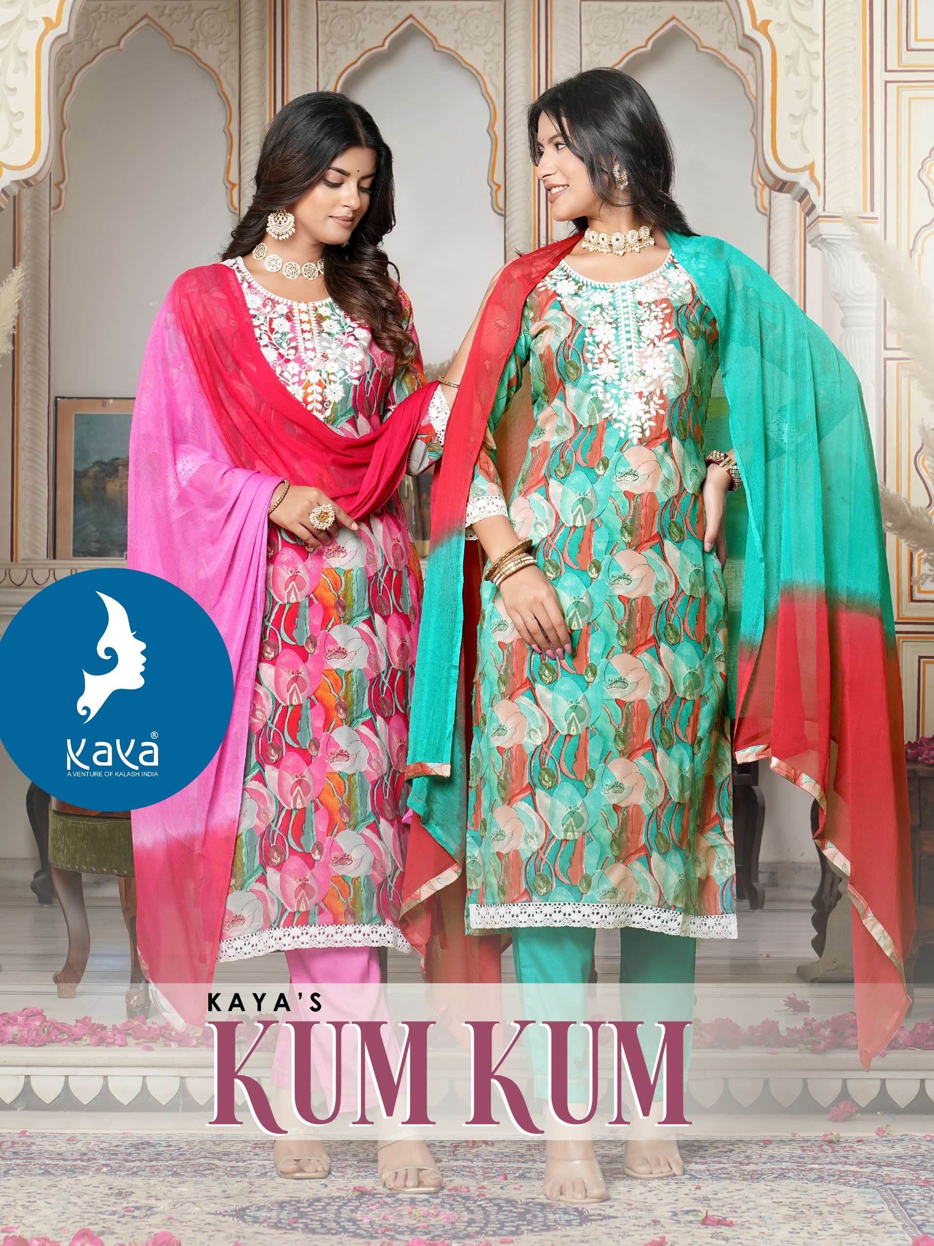 KUMKUM PREMIUM REYON PRINT EMBROIDERY WORK KURTI WITH PANT AND  NAZNEEN DOUBLE DYING DUPATTA BY KAYA...