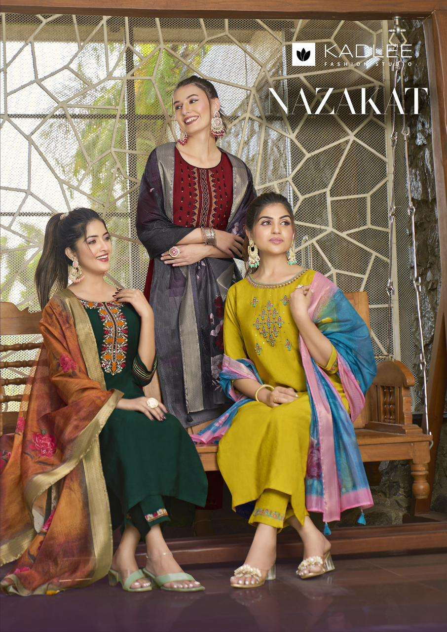 NAZAKAT VISCOSE WEAVING EMBROIDERY AND HANDWORK KURTI WITH PANT AND JEQUARD MUSLINE DUPATTA BY KADLE...