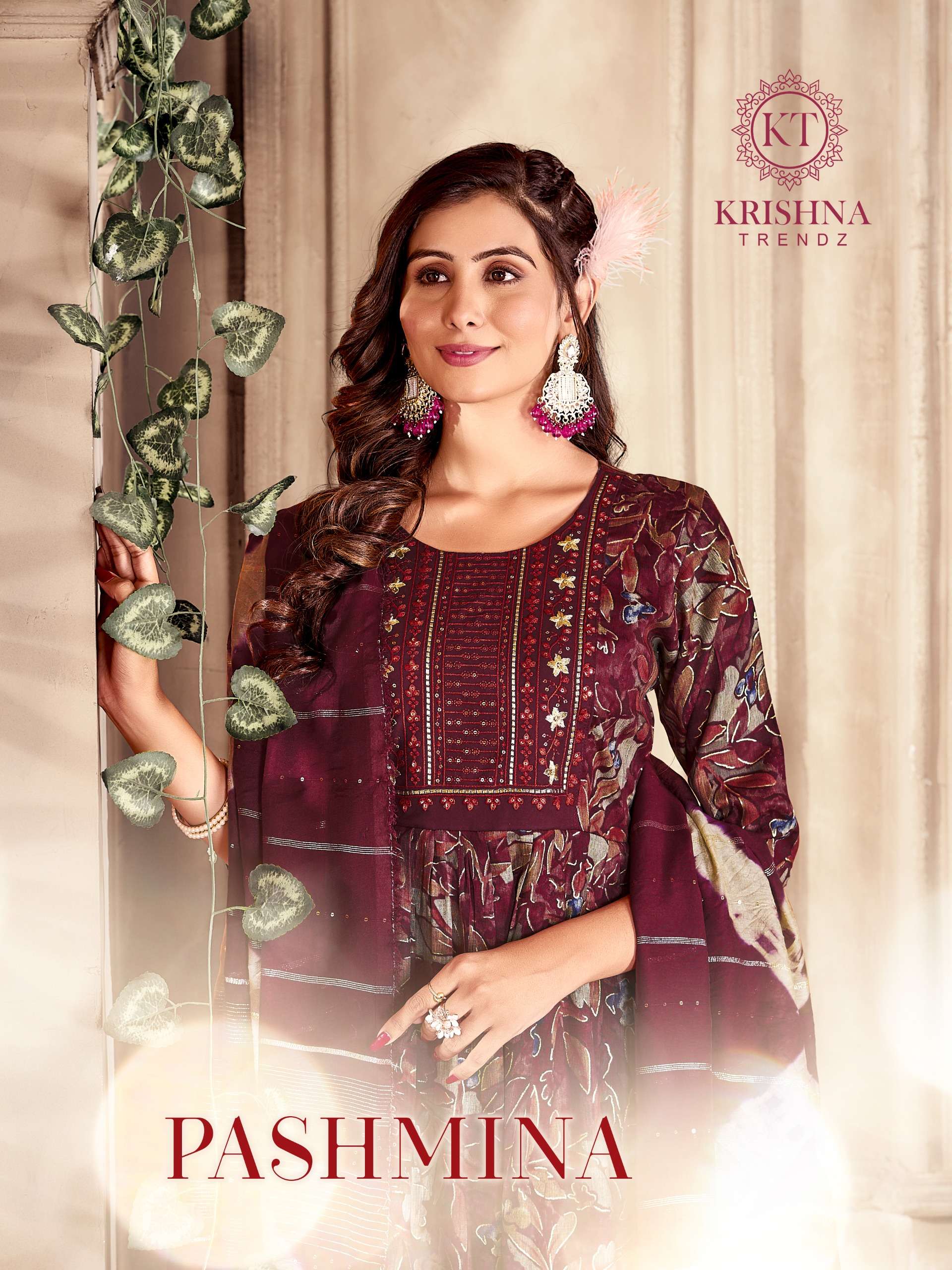 PASHMINA CAPSULE PRINT EMBROIDERY WORK KURTI WITH PANT AND NAZMIN DUPATTA BY KRISHNA TRENDZ BRAND WH...