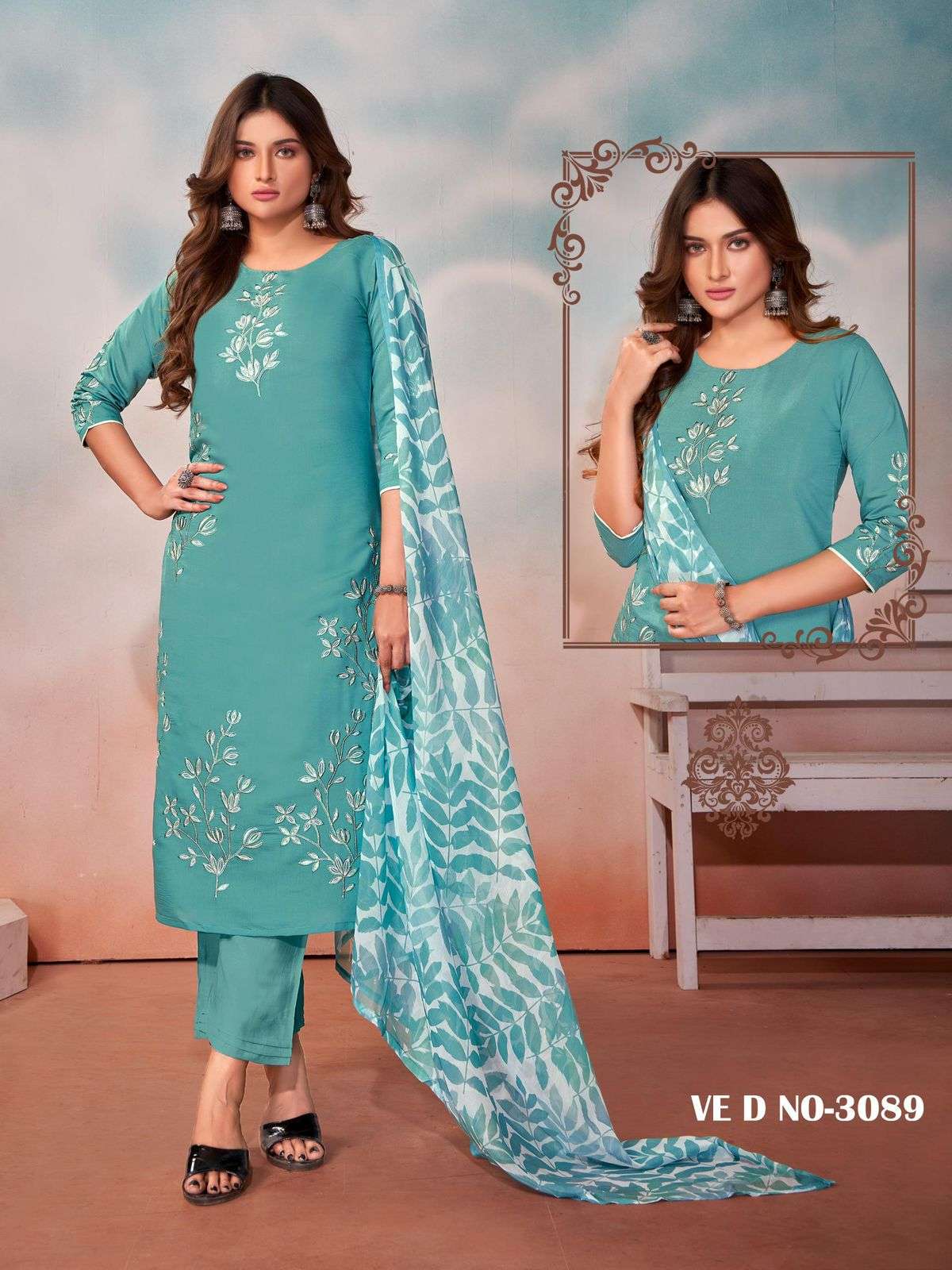 PICK N CHOOSE ROMAN SILK FANCY EMBROIDERY WORK KURTI WITH PANT AND CHIFFON DIGITAL PRINT DUPATTA BY ...