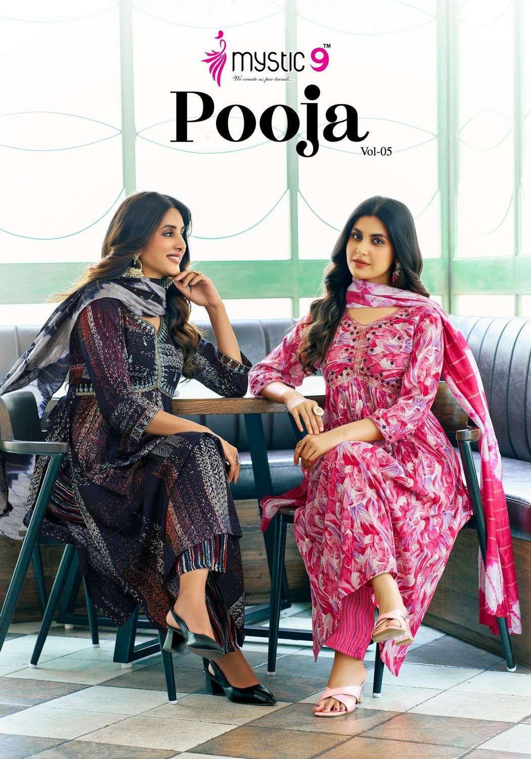 POOJA VOL 5 HEAVY RAYON PRINTED EMBROIDERY WORK KURTI WITH PANT AND CHANDERI DUPATTA BY MYSTIC 9 BRA...