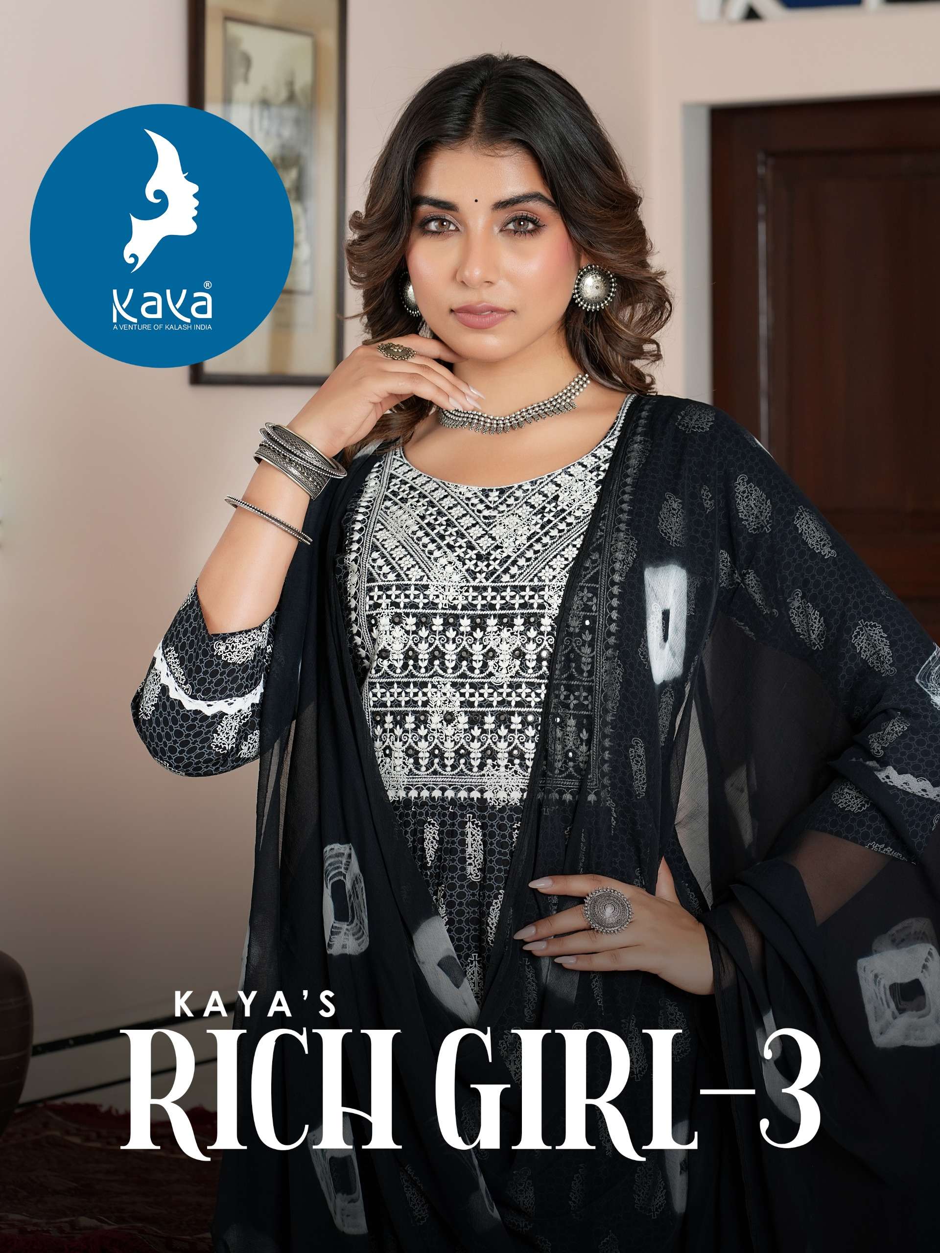 RICH GIRL VOL 3 RAYON PRINT EMBROIDERY WORK KURTI WITH PANT AND NAMIN DUPATTA BY KAYA KURTI BRAND WH...