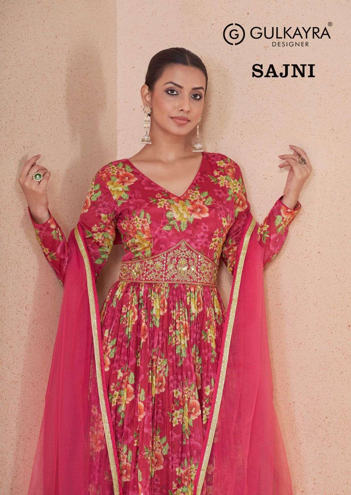 SAJNI FANCY FABRIC BEAUTIFUL HANDOWORK LONG GOWN KURTI WITH SOFT NET DUPATTA BY GULKAYRA BRAND WHOLE...