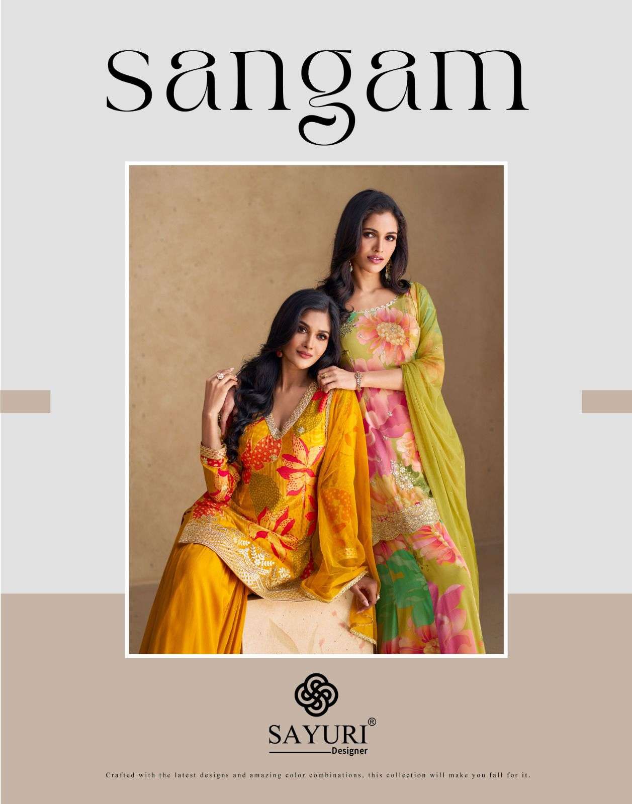 SANGAM REAL CHINON SILK EMBROIDERY AND HANDWORK KURTI WITH SHARARA AND NET DUPATTA BY SAYURI DESIGNE...