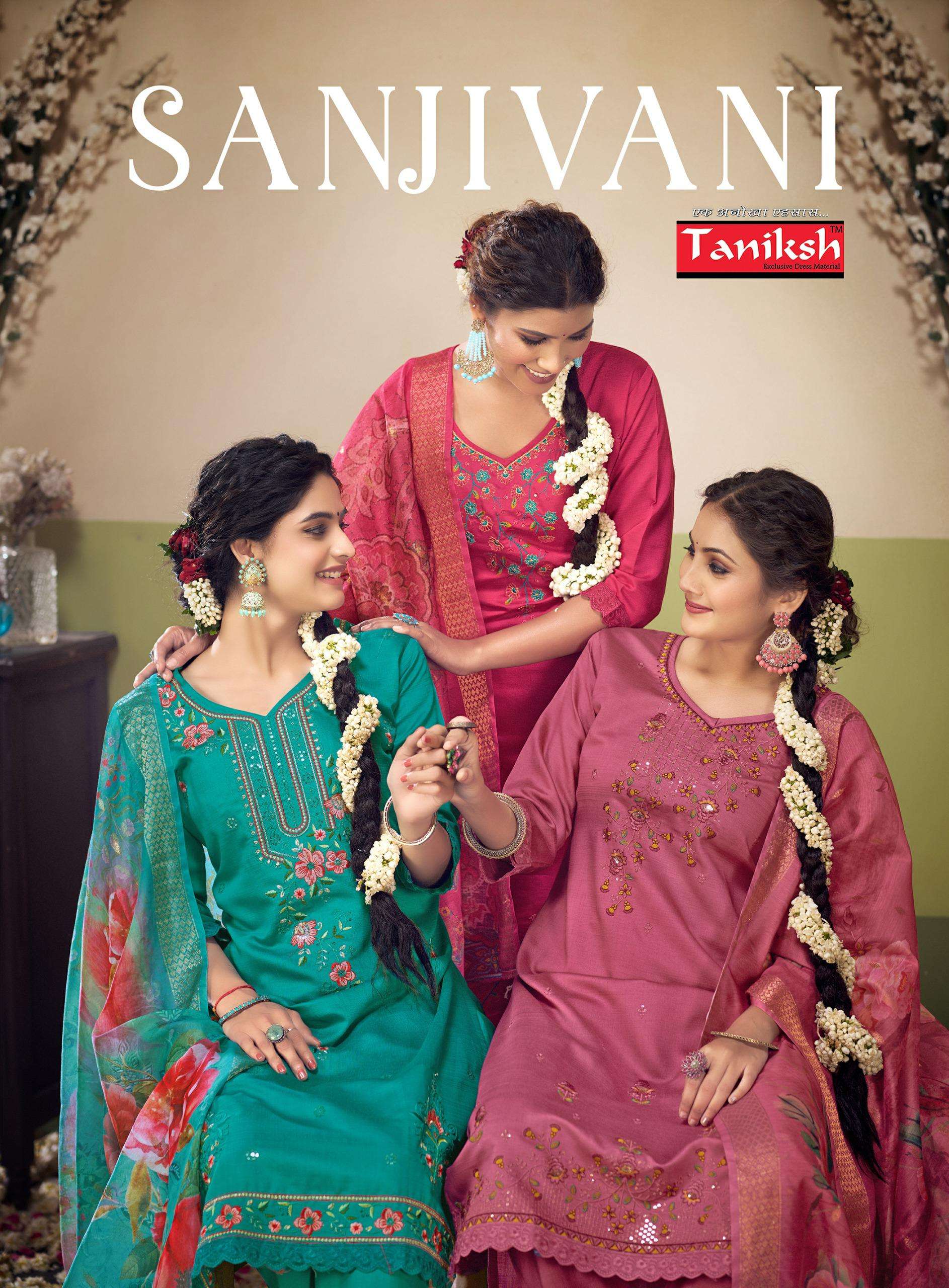 SANJIVANI COTTON VISCOSE EMBROIDERY WORK KURTI  WITH PANT AND JAQCARD DIGITAL DUPATTA BY TANIKSH BRA...