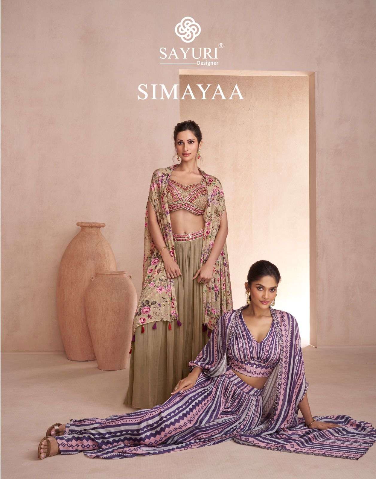 SIMAYAA  REAL CHINON SILK EMBROIDERY AND HANDWORK CROP TOP WITH SHRUG BY SAYURI DESIGNER WHOLESALER ...