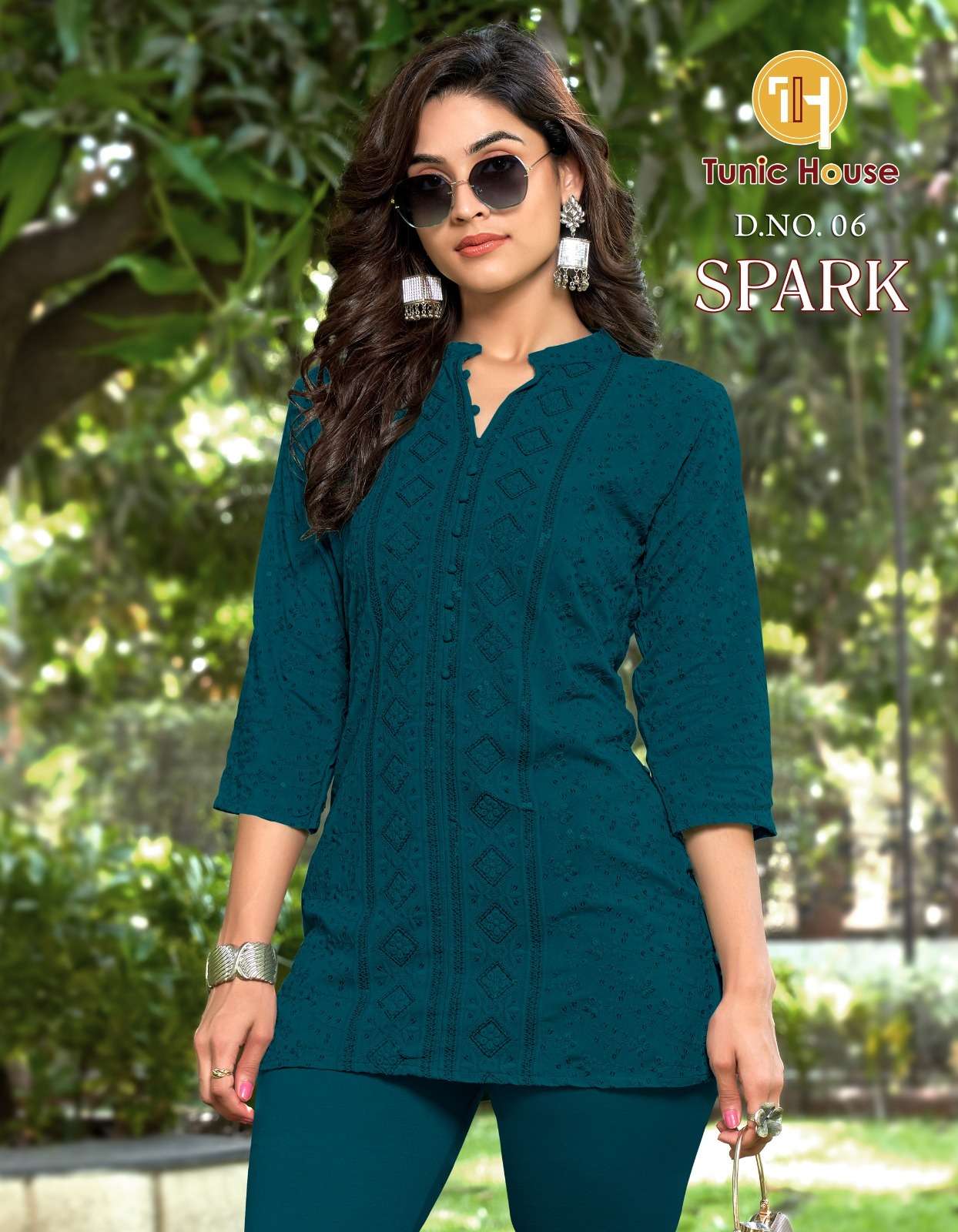 SPARK VISCOUS RAYON FULLY CHIKANKARI SEQUINCE WORK SHORT TOP BY TUNIC HOUSE BRAND WHOLESALER AND DEA...